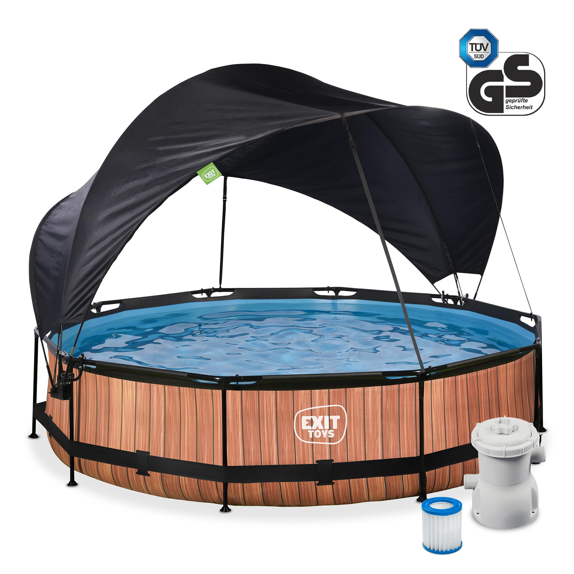 EXIT Toys Piscine Hors Sol Ronde ø 360 x 76 cm avec Voile d’Ombrage et Pompe Filtrante – Piscine Tubulaire pour Enfants et Familles – TÜV CE en 16582 – Wood – Marron