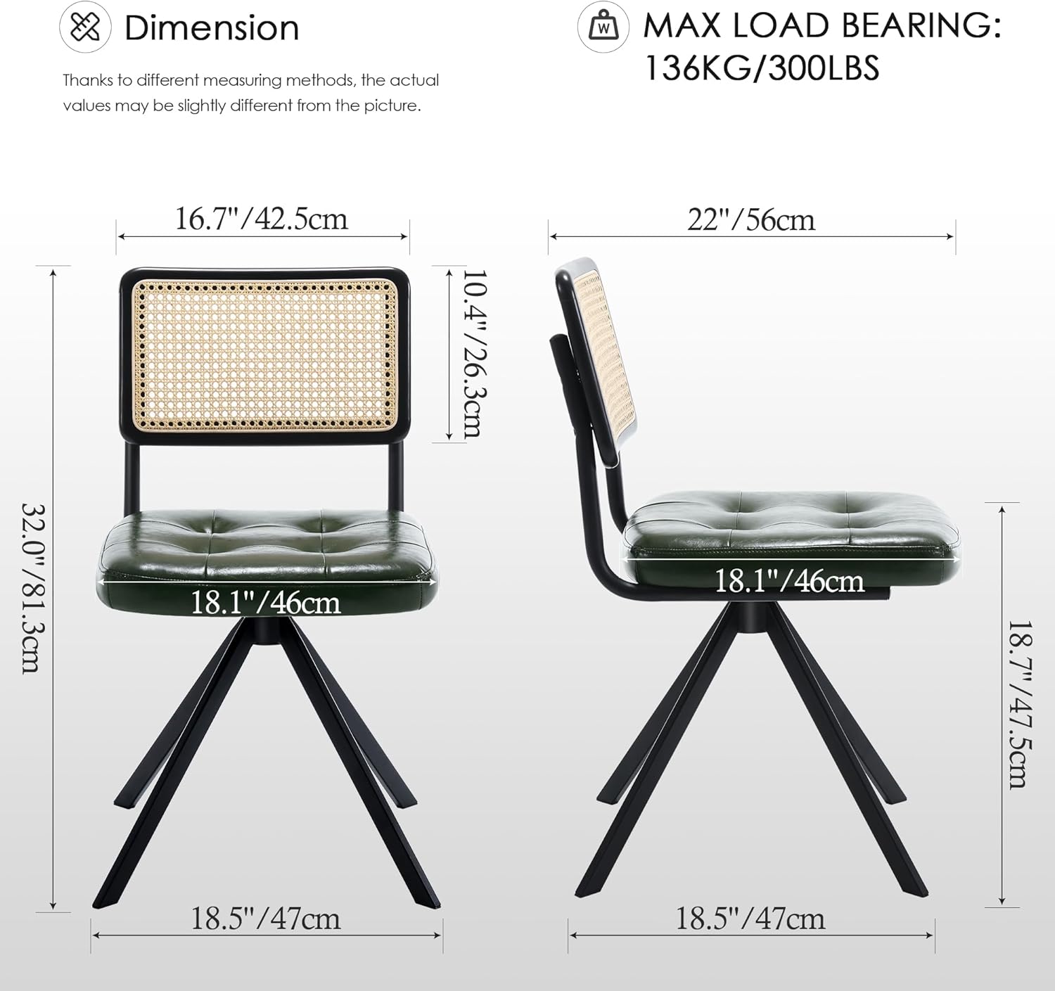 Zesthouse Rattan Desk Chair No Wheels, Mid Century Modern Home Office Chair with Cane Mesh & Wooden Back, Vintage Faux Leather Swivel Accent Chair, Upholstered Armless Computer Task Chair,Green