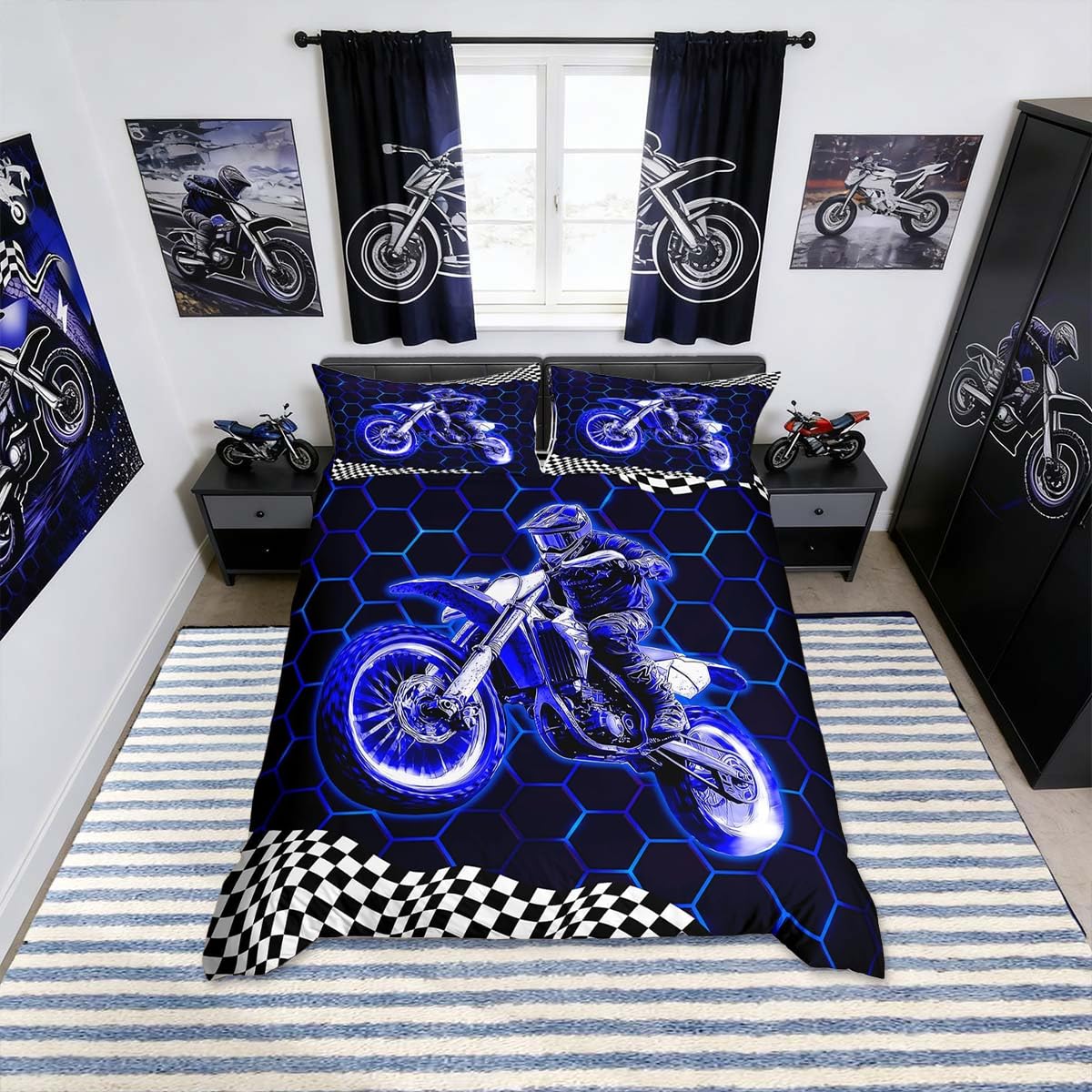Homemissing Racing Motocross Rider Kids Bedding Set,Boys Girls King Size,Dirt Bike Duvet Cover,Extreme Sports Comforter Cover,Colorful Modern Bedclothes Honeycomb Flag Print Bedroom Decor — image 1
