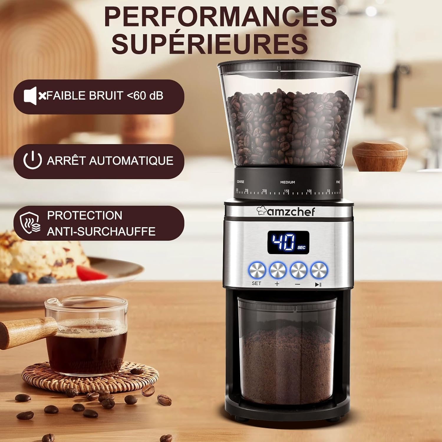 AMZCHEF Moulin à Café Electrique 160 W | 30 Réglages de mouture grossière à fine | 1-12 Tasses ou jusqu'à 40 secondes | Capacité de 300 g | Moulin a cafe en écran LCD et Minuterie Numérique | Argent