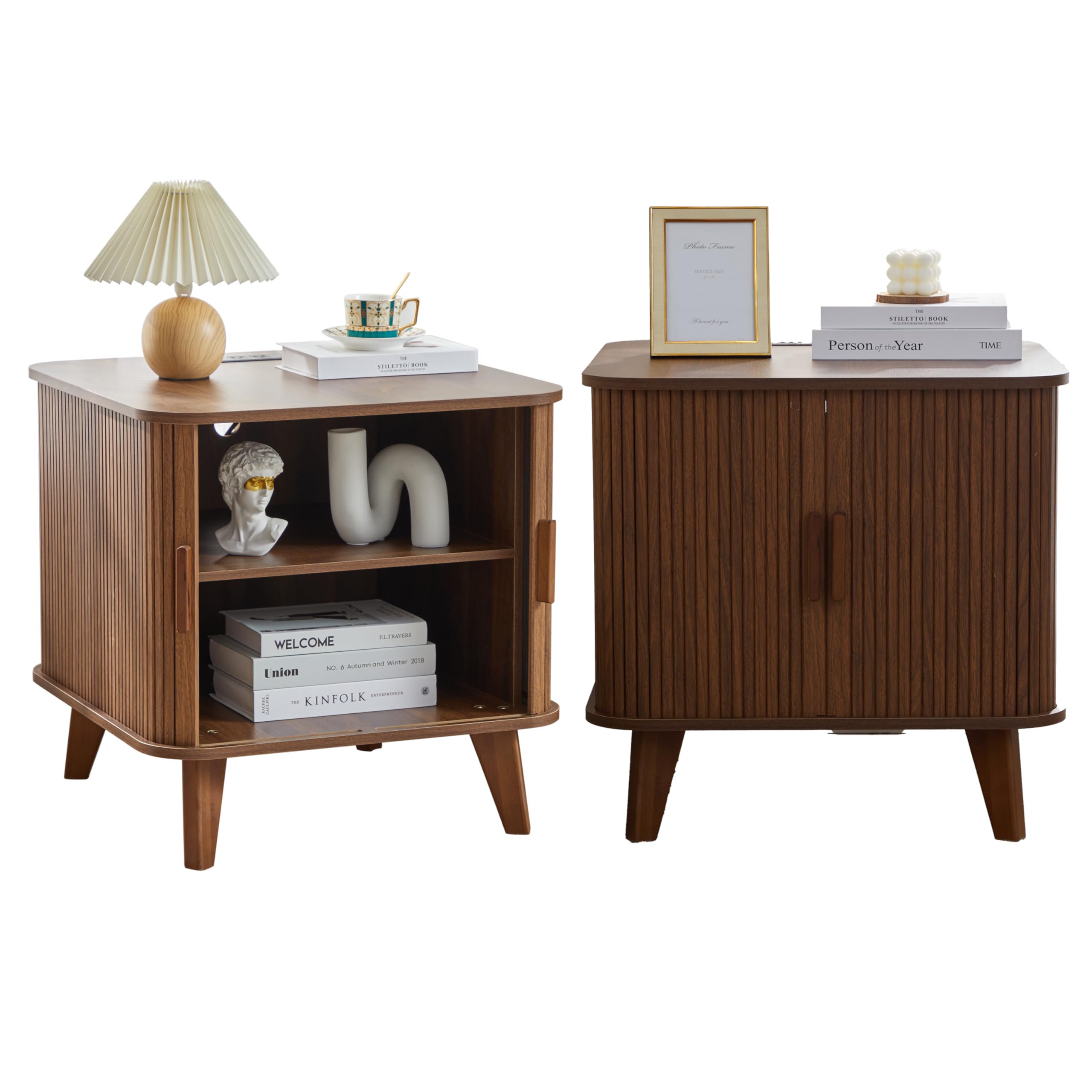 SUJOUCRAFT 24 Inch Nightstands Set of 2, Mid-Century End Table with Charging Station 2AC+3USB, Wood Storage Side Table with Sliding Door for Sofa,
