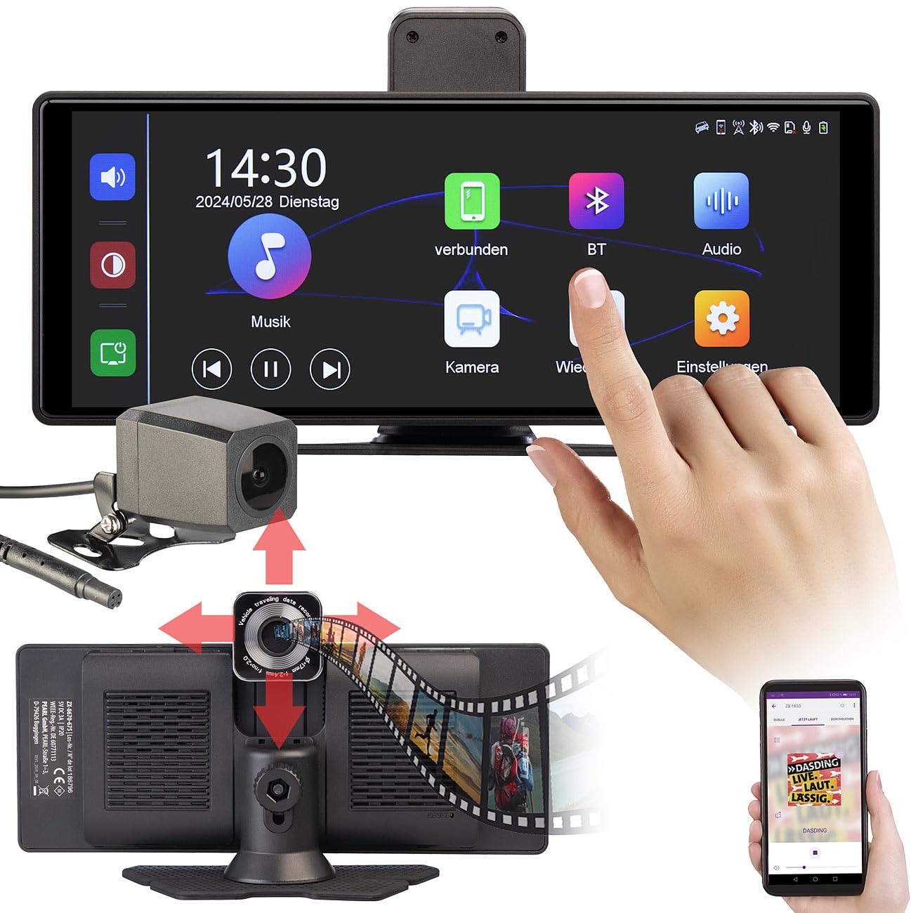 Lescars Carplay Display: IPS-HD-Touchscreen für Apple CarPlay mit 10,26"/26 cm & Rückfahrkamera (Auto Bildschirm, Dashcams, SD)