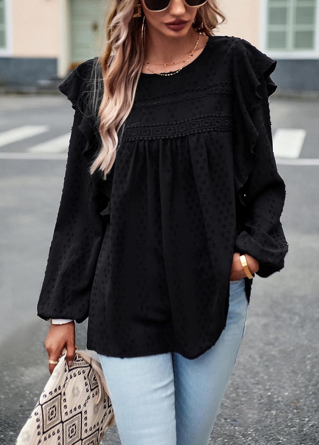 PRETTYGARDEN Women's Long Sleeve Shirts Ruffle Swiss Dot Crochet Loose Fit Tunic Dressy Casual Tops Blouses Spring Fashion - Image 2