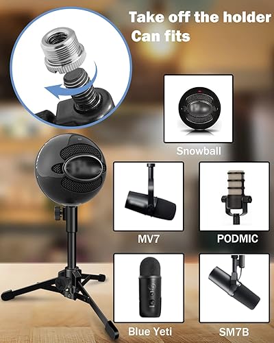 Miniatura 4 de Soporte de micrófono de escritorio trípode plegable portátil con soporte de clip para micrófono y soporte de micrófono ajustable de 58 pulgadas