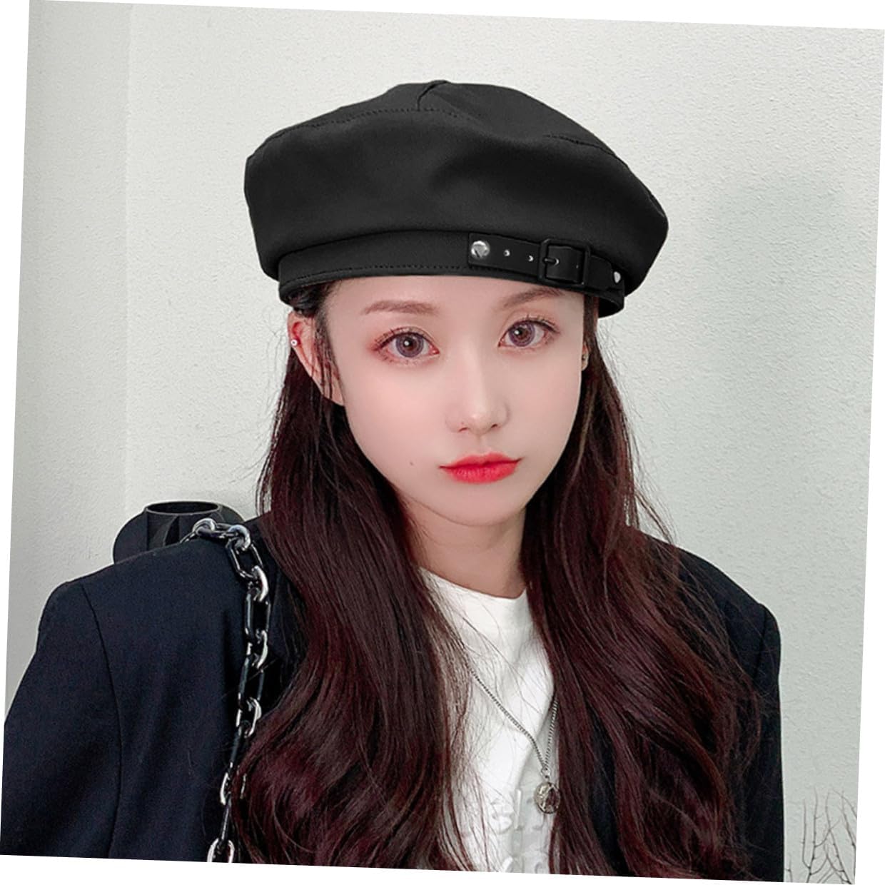 Women’s Vintage Sun Protection Beret Hat Leather Strap, One Size French Style Beret Caps for Outdoor Travel Black
