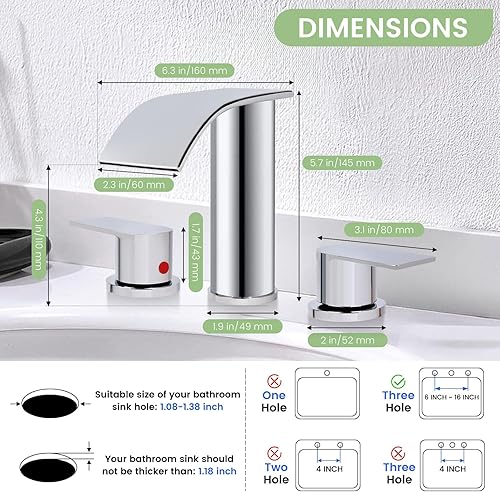Miniatura 3 de M OUDEMEI Grifo de baño de cascada de 3 agujeros, grifo de lavabo de baño de 8 pulgadas, dos manijas con drenaje desplegable (cromado)