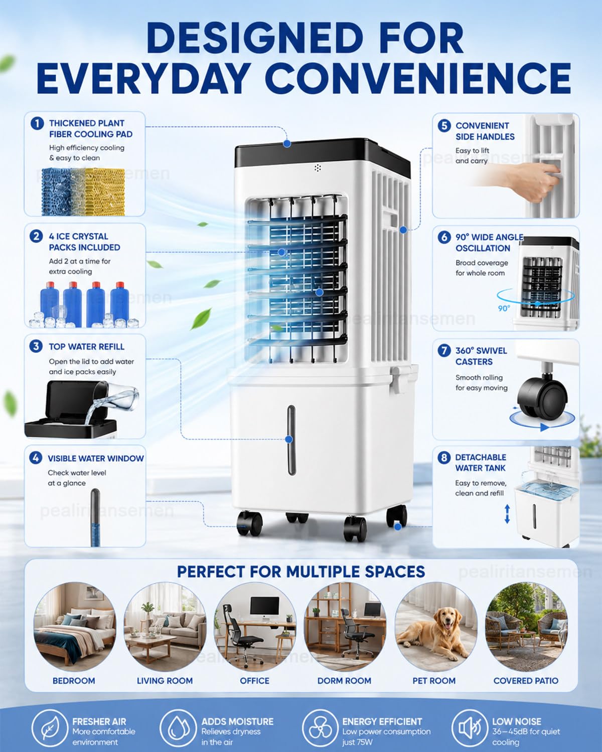 Climatizzatore Senza Tubo, Raffrescatore Evaporativo Portatile con Serbatoio 15L, Telecomando, Pannello Touch, 4 Panetti Refrigeranti, Ampia Oscillazione per Casa E Camera