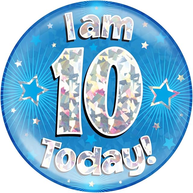 OAKTREE UK 633421 6" Jumbo Badge I am 10 Today Blue Holographic Cracked Ice