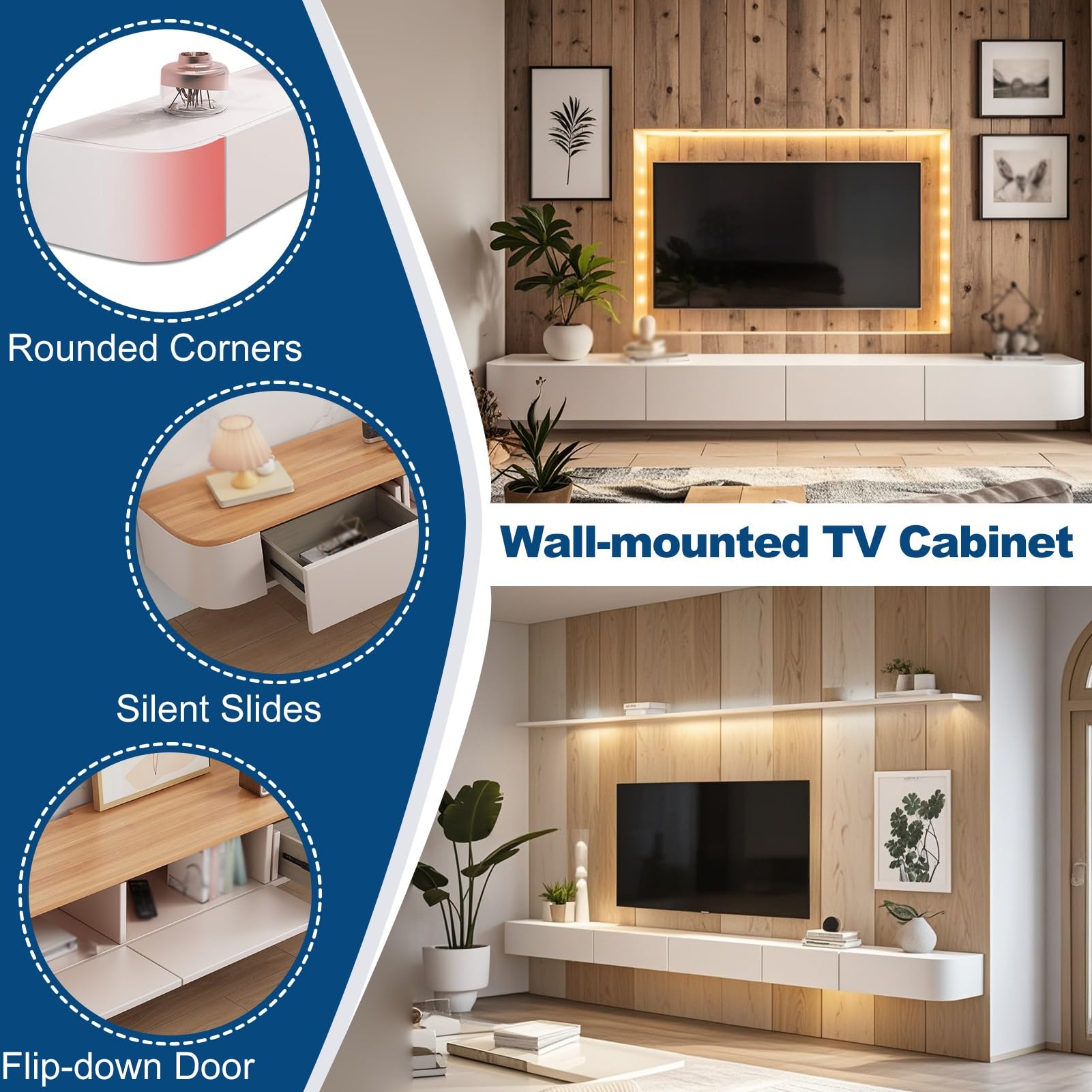 Mueble TV Flotante con Almacenamieno, Mesa De Televisión Suspendida para Pared, Consola Multimedia con Puertas Y Estantes Gran Almacenamiento, Mesa para Salón, Mueble Moderno(Blanco,300cm)