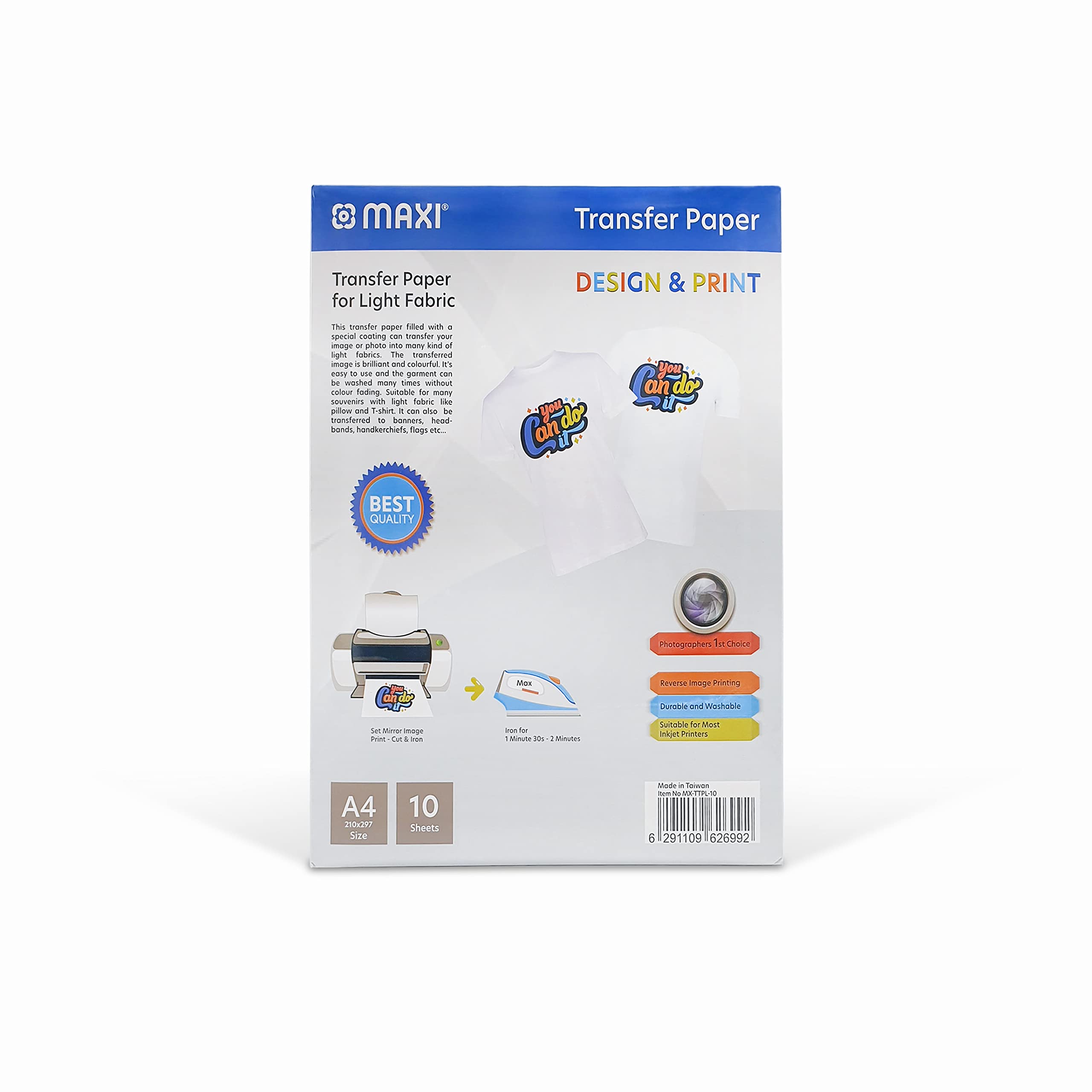 Maxi Tshirt Transfer Paper 155 Gsm A4 10 Sheets Light,The transferred image is brilliant and colorful. It’s easy to use