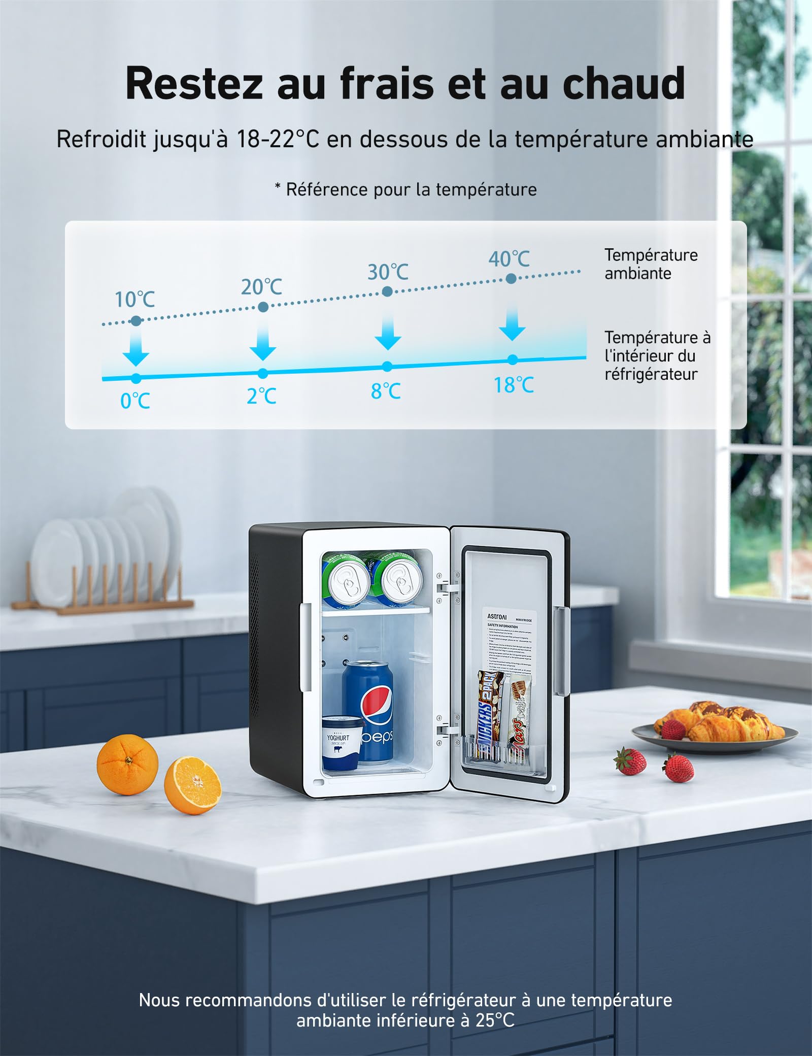AstroAI Mini Frigo de Chambre 6L 8 Canettes 355ml Réfrigérateur Voiture 12V 220V Silencieux Fonction Chaud/Froid Gris