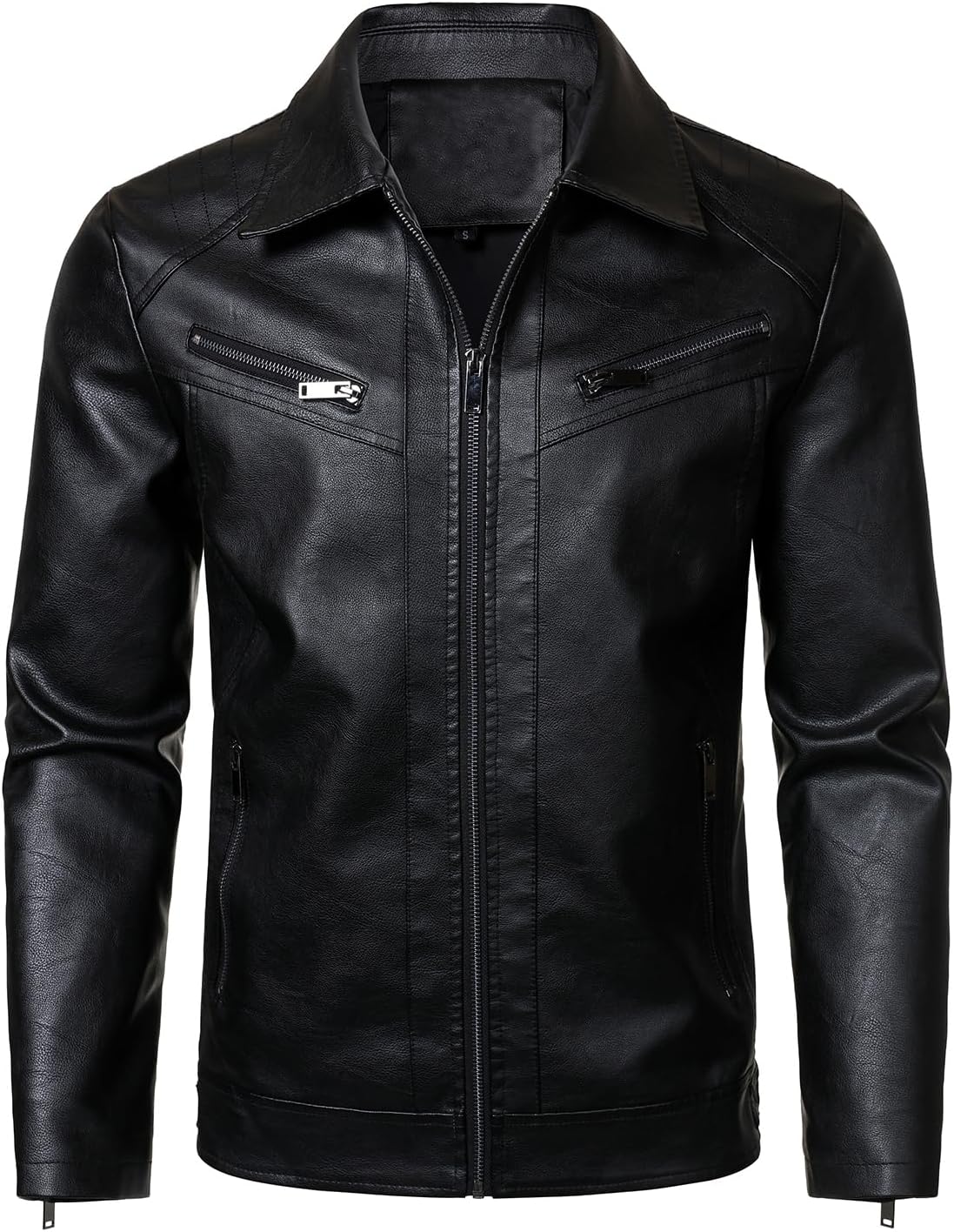 HOOD CREW Mens PU Leather Jacket Classic Style Turn Down Collar Faux Leather Biker Jackets