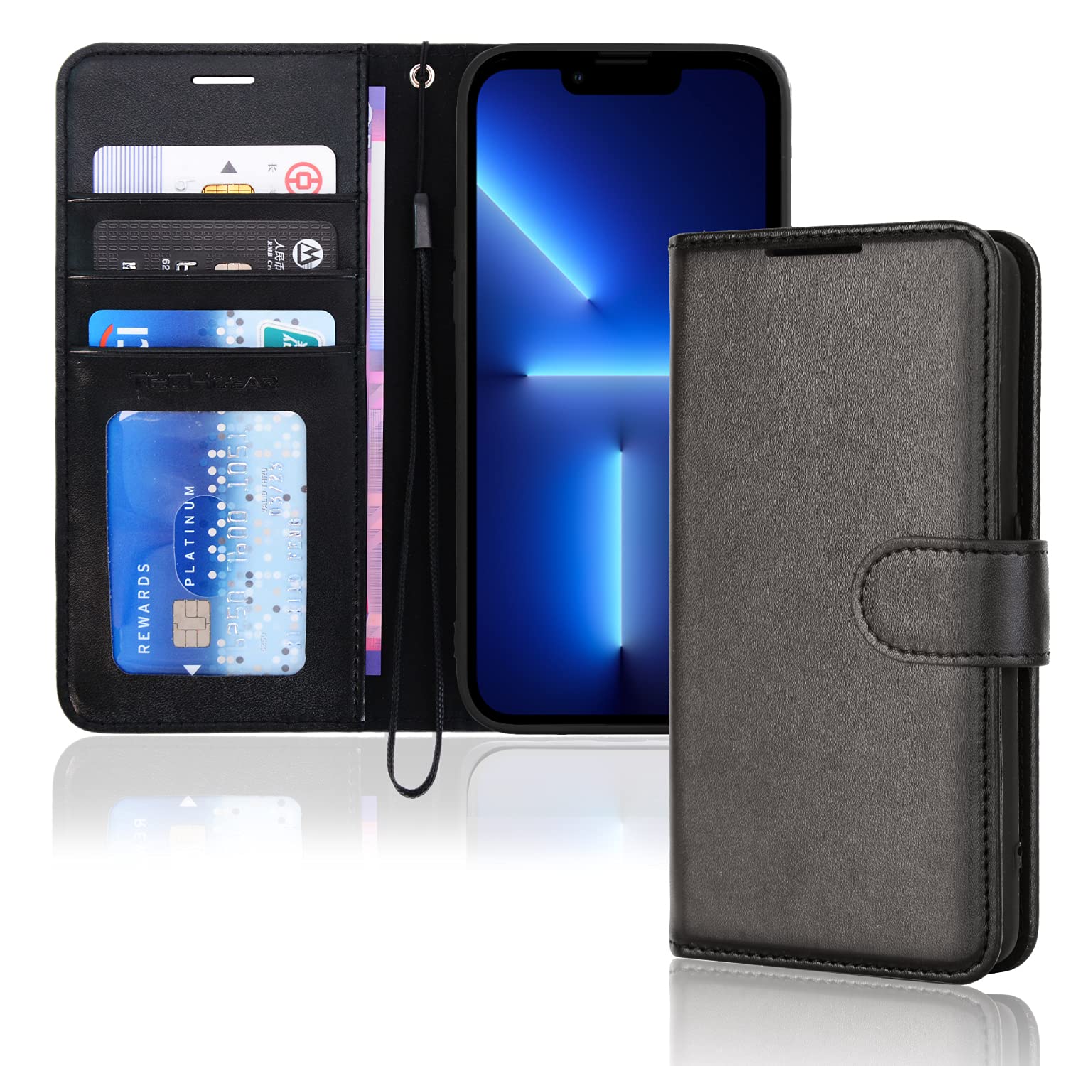 TECHGEAR iPhone 13 Pro Leather Wallet Case, Flip Protective Case Cover with Wallet Card Holder, Stand and Wrist Strap - Black PU Leather with Magnetic Closure Designed for iPhone 13 Pro 6.1"