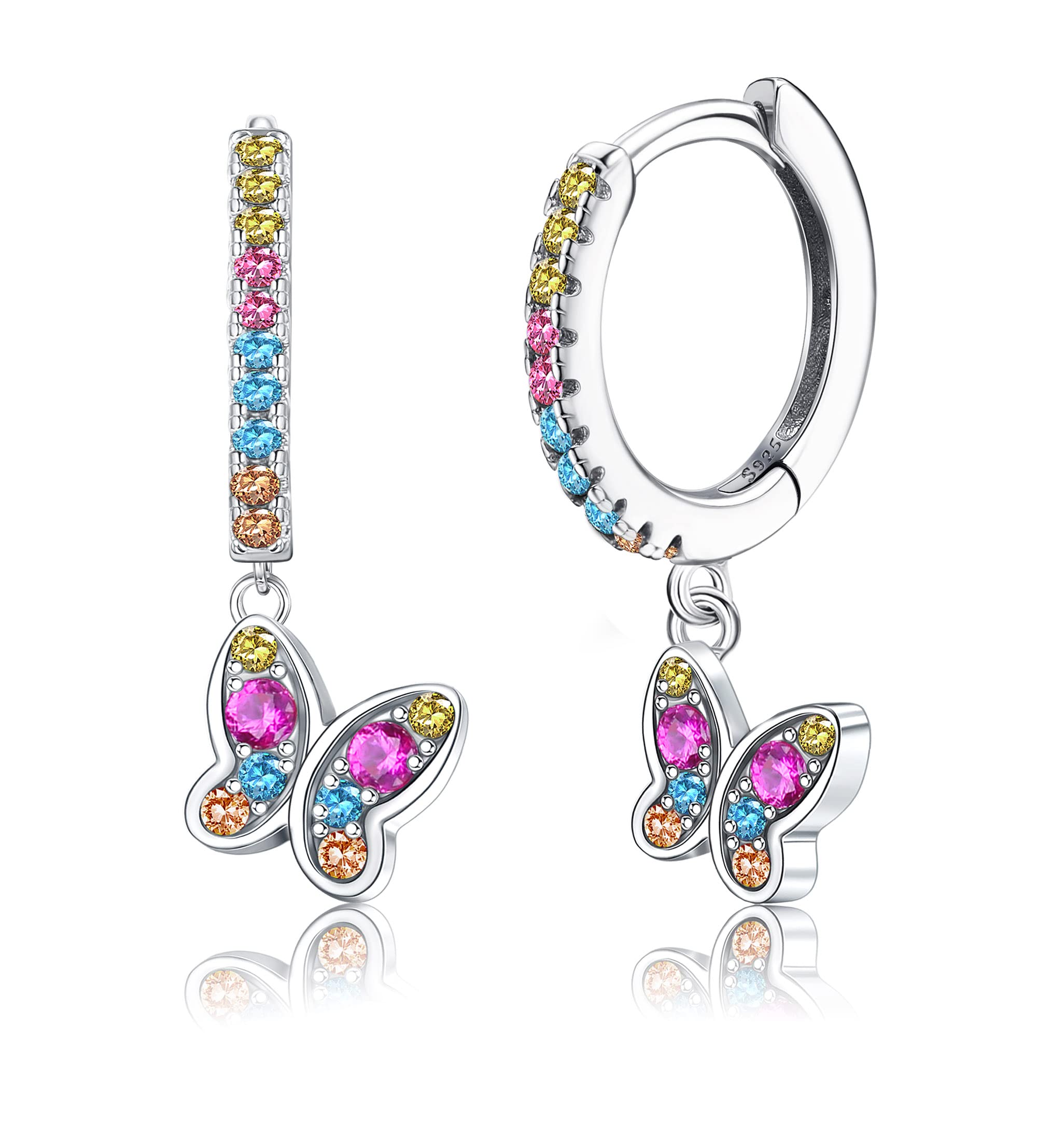 LOLIAS Plata Ley 925 Pendientes Aro Huggie con Corazón Mariposa Estrella Zirconia Cúbica Colorida Pequeños Pendientes Colgantes Aro Joyería para Mujeres y Niñas