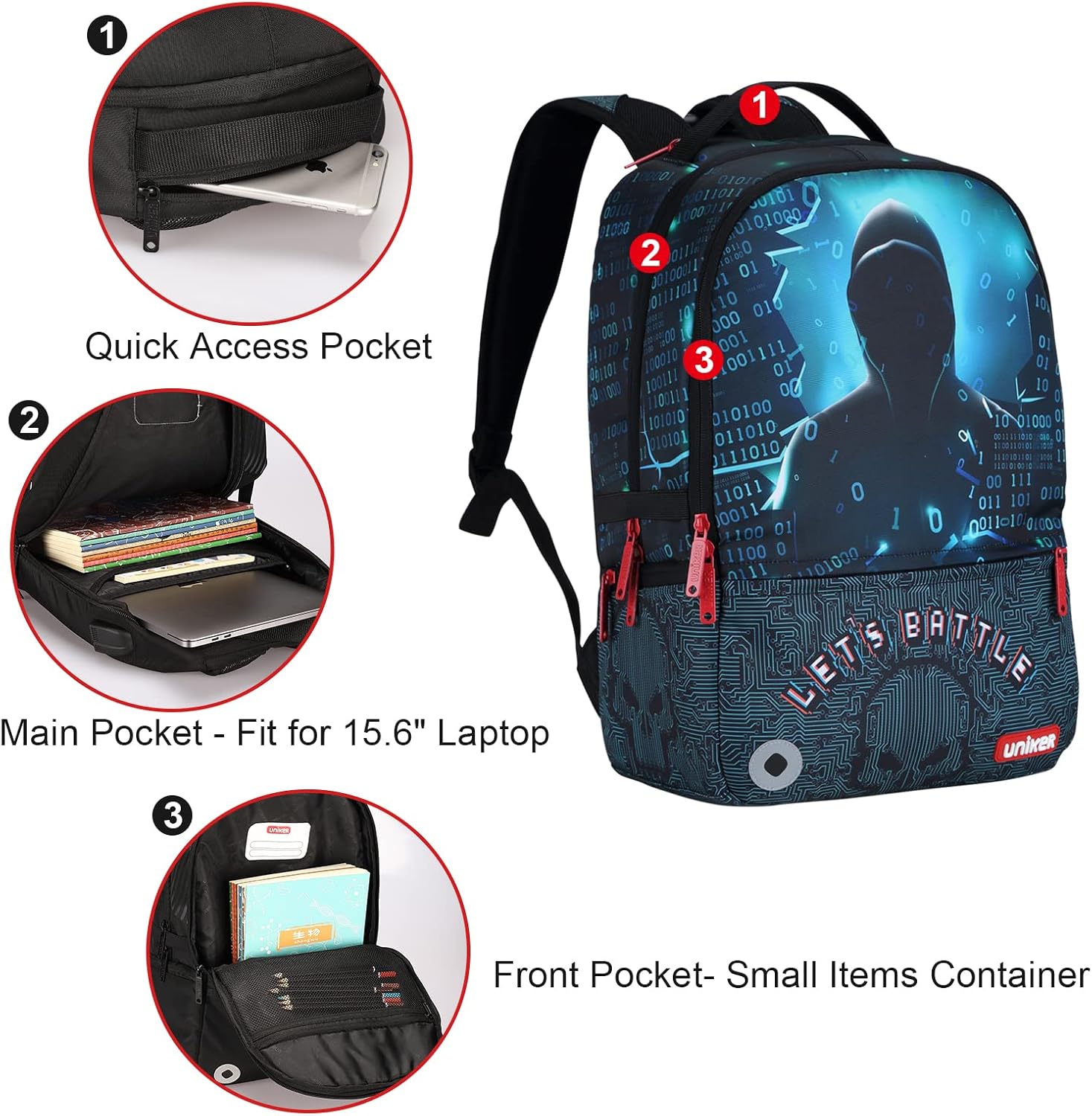 School Backpack with USB Charging Port for Teenagers, Water Resistant Designer Daypack with Laptop Compartment for 15.6 Inch Laptop, Hacker