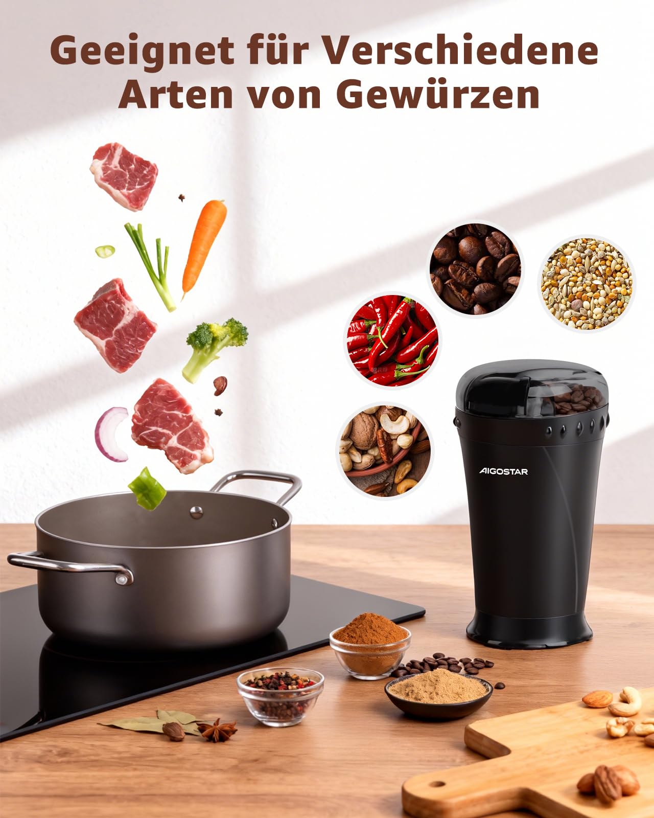 Aigostar kaffeemühle Elektrisch mit Edelstahl Schlagmesser 60g 200W Schwarz - Schnelle & Uniform Gewürzmühle mit Reinigungsbürste, BPA-frei, für Kaffeebohnen, Getreide, Gewürze und Nüsse Mühle