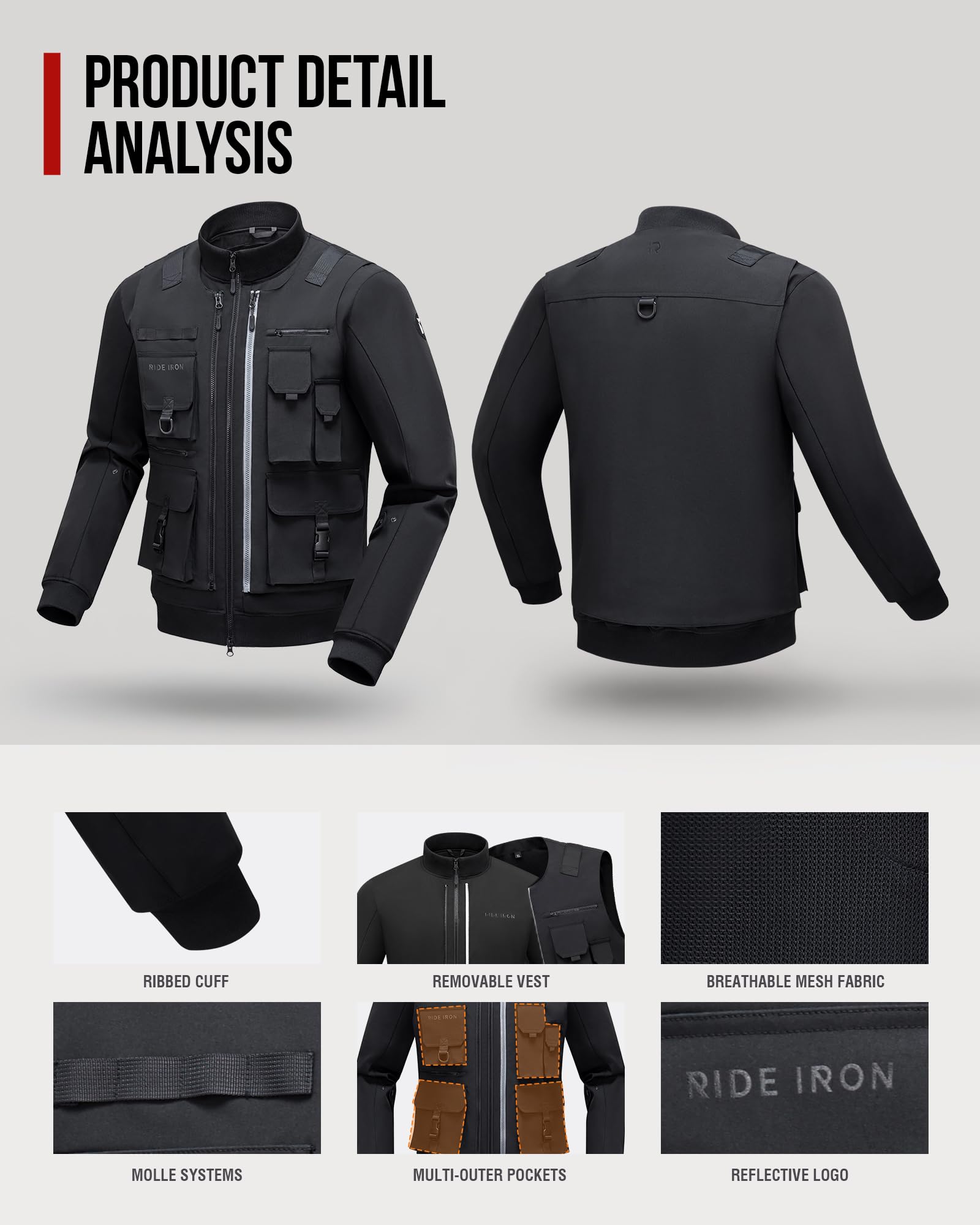 RIDEIRON Vestes Moto Hommes Hiver 3 en 1 Équipement Protection Adapté au Cyclisme Randonnée Sports de Plein Air Noir