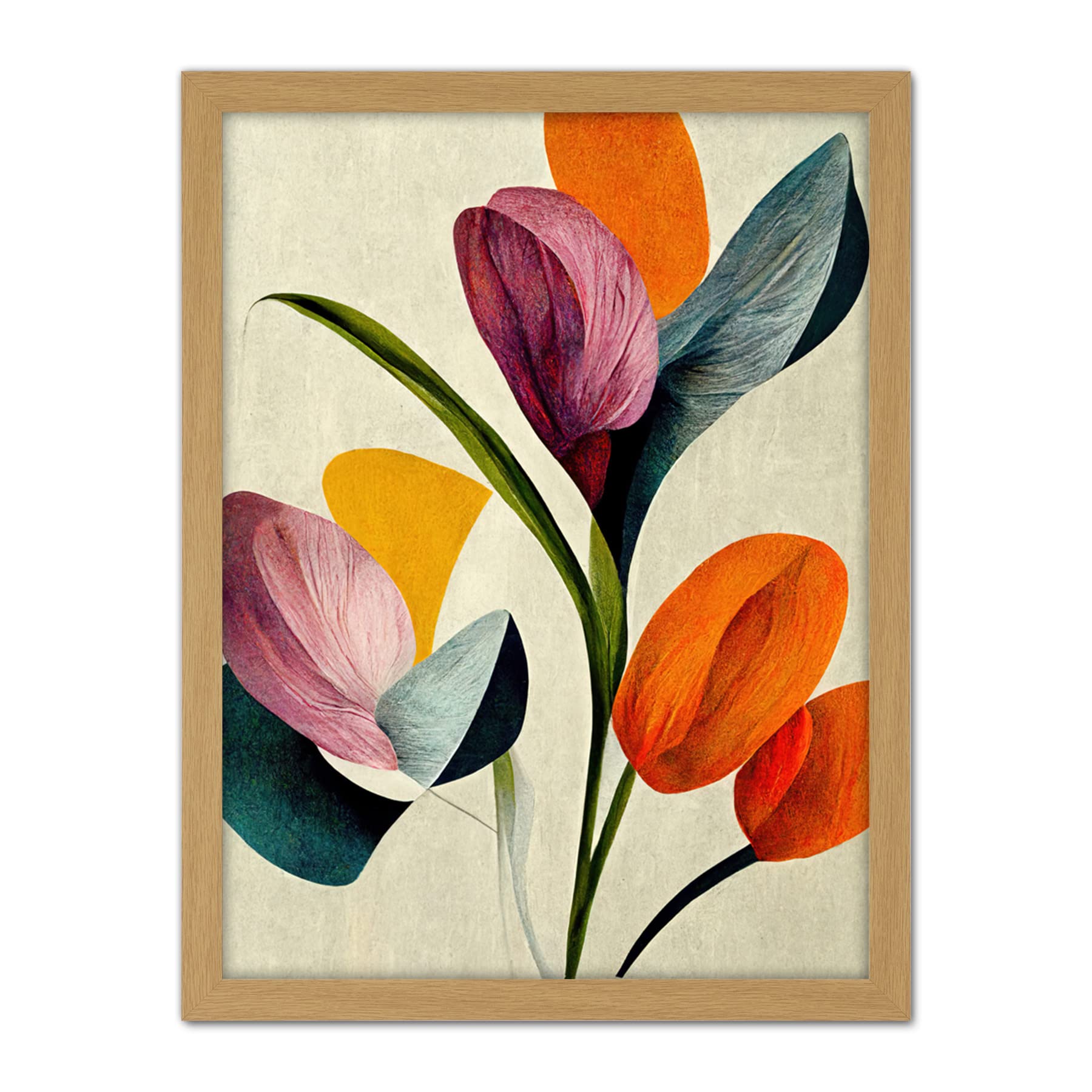 Wee Blue Coo Spring Flowers Floral Bouquet Bold Abstract Boho Coral Mustard Artwork Framed Wall Art Print 18X24 Inch