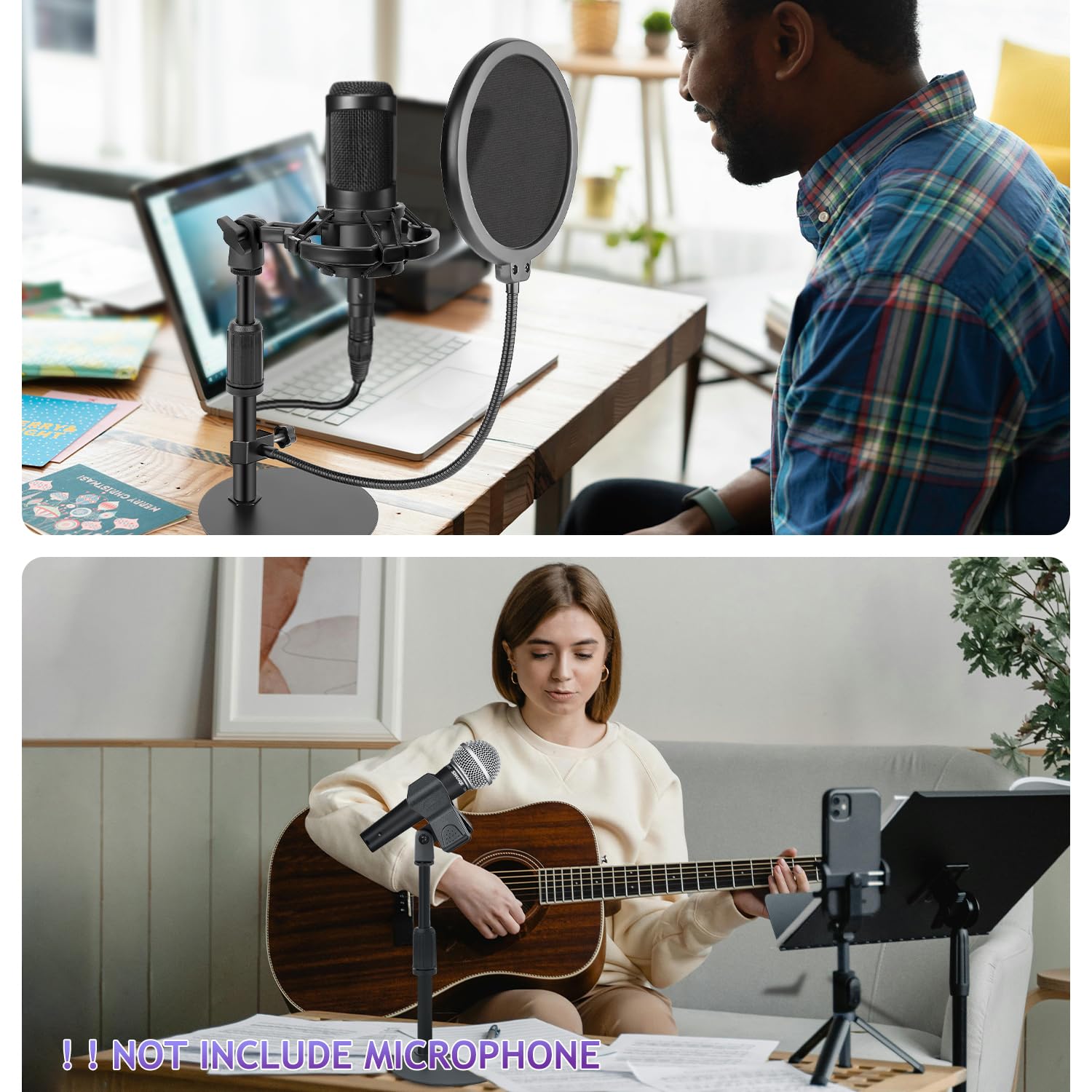 Support de microphone de bureau réglable avec pied en métal stable, support antichoc, coupe-vent, pince de microphone et adaptateur pour microphone AT2020, HyperX QuadCast, Blue Yeti, Shure