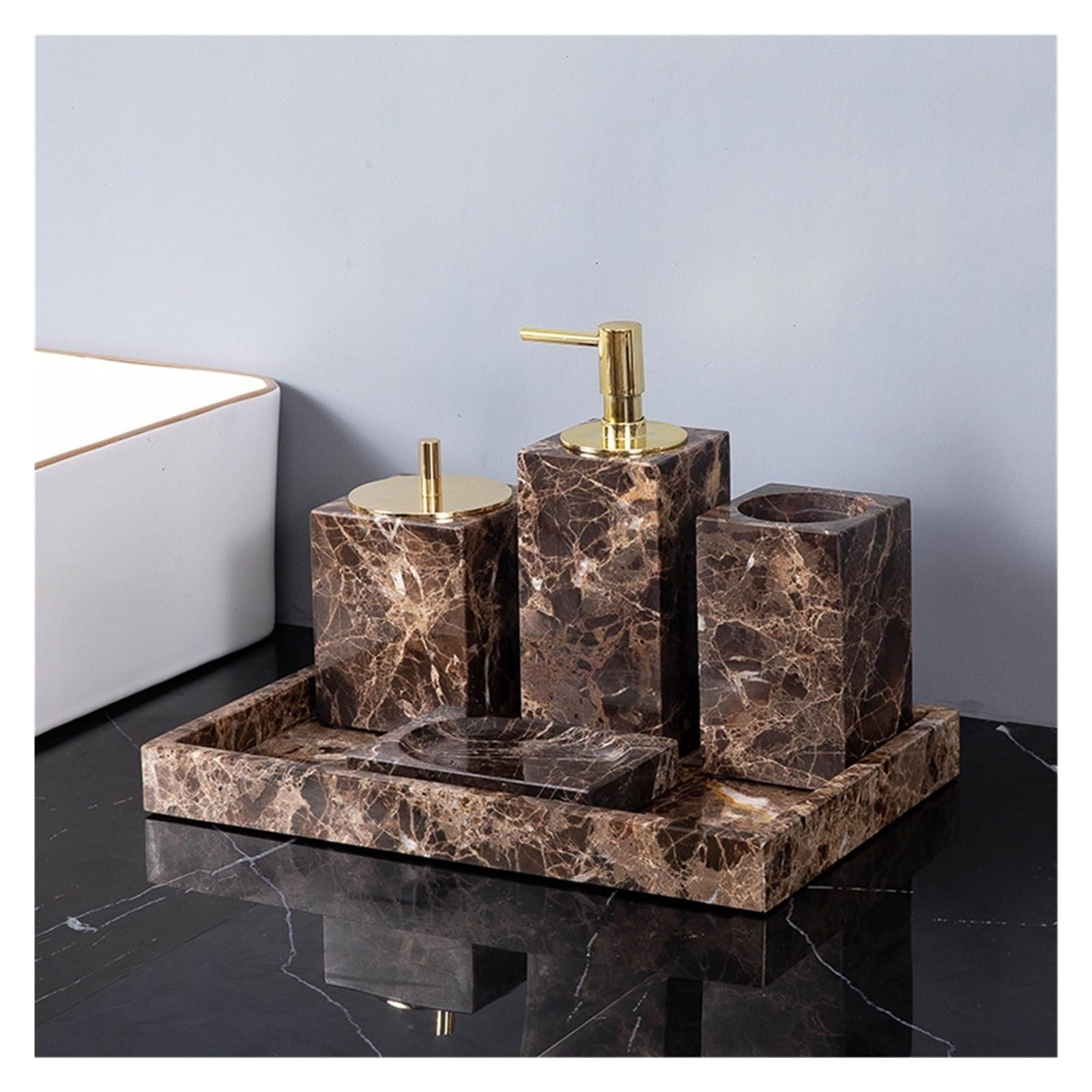 Set Dispensador Jabon Baño Accesorios de baño de mármol natural marrón Dispensador de jabón de mármol de lujo Soporte for cepillo de dientes Juego de bandeja for jabonera for baño(Teacup-Square)