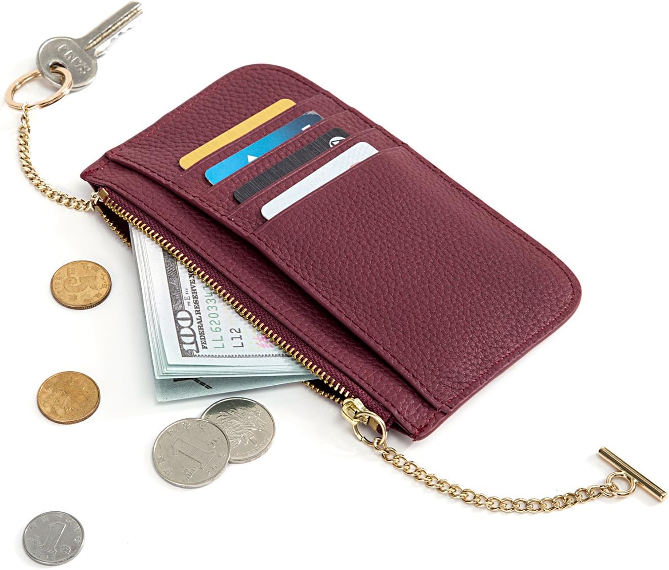 Genuine Leather RFID Small Wallets for Women Zipper Card Holder Ladies Wallets With Key Ring