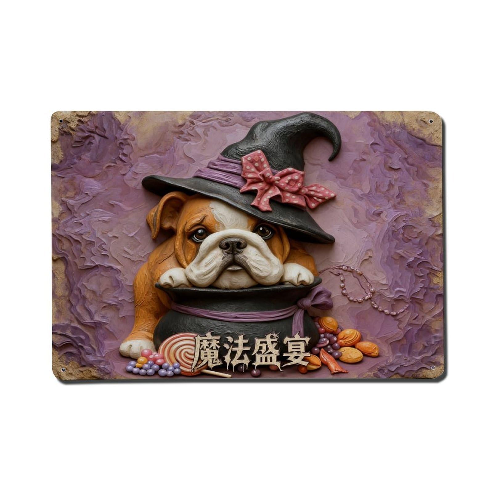 Bulldog Witch Hat Candy Cauldron Vintage Metal Tin Sign Retro Wall Decor, Bar Garage Cafe Kitchen Home Wall Art Poster Decoration 8x12inches