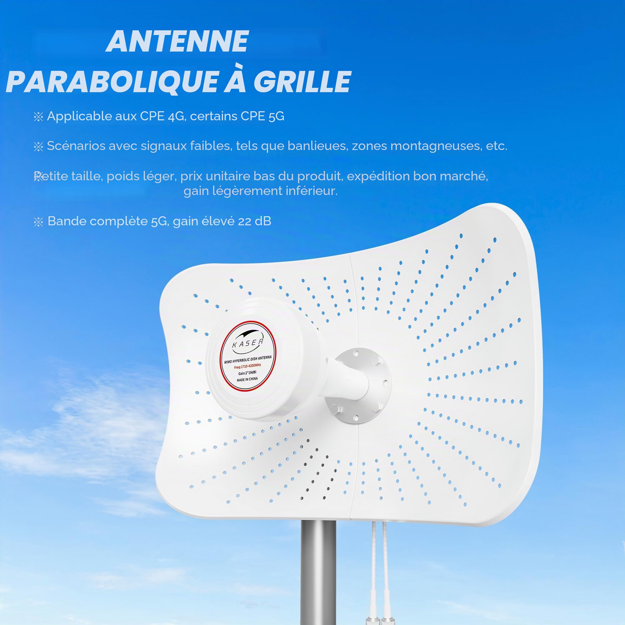 Antenne 5G 4G LTE Mimo 1710-6000 MHz 19 dBi KASER Connecteur N-SMA TS9 Câbles 10M