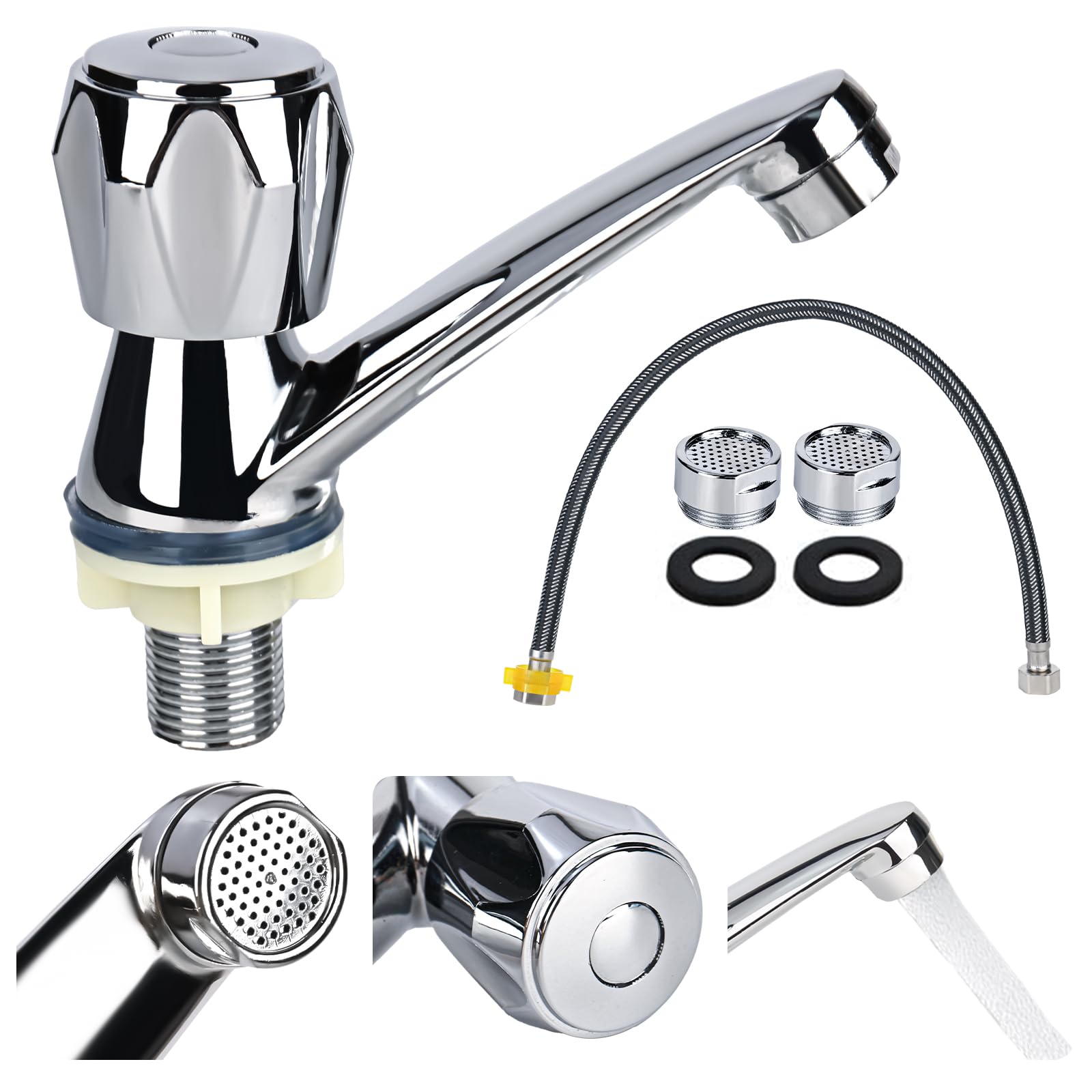 Grifo de baño simple de agua fría para lavabo, moderno grifo de lavabo cromado, grifo de baño de agua fría, grifo con manguera de conexión de 60 cm, grifo para lavabo y baño