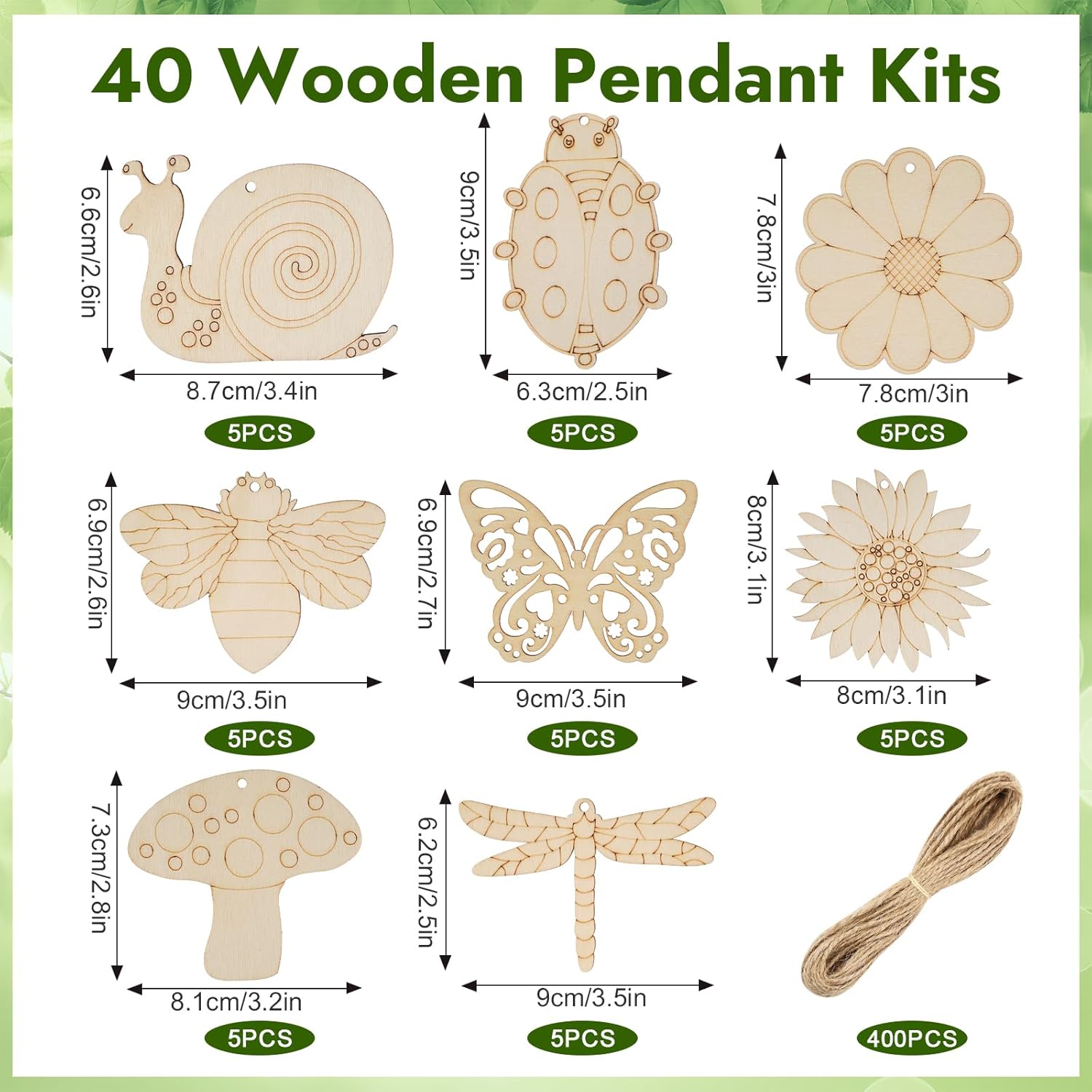 Tikplus Wooden Pendants for Painting, 40 Pieces Craft Set Children's Wooden Animals Wooden Flowers, 8 Styles Wood for Crafts with Hole and String for DIY Children Painting Craft Decoration Children's