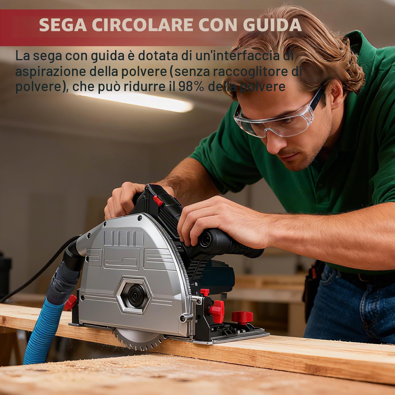 Sega ad immersione con guida da 2x700mm, sega circolare manuale da 1200W, profondità di taglio 57mm, inclinazione di taglio da 0 a 45°, Ø165mm 40 denti, per legno duro, compensato, laminato, altro