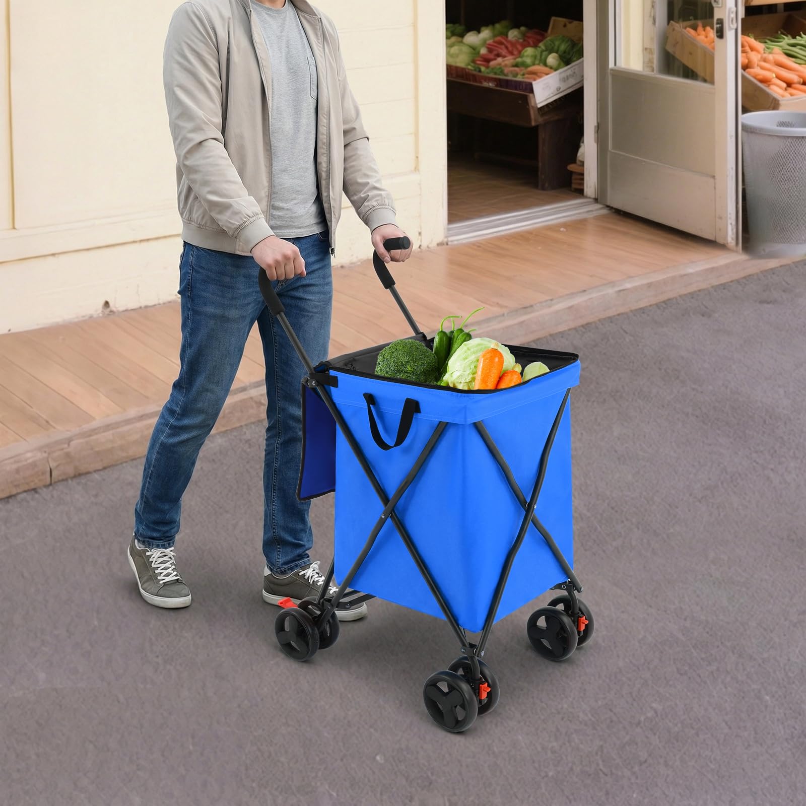Carrello pieghevole con borsa da 38 l, portata fino a 70 kg, con ruote anteriori orientabili e freni, per shopping, campeggio, animali domestici (blu)