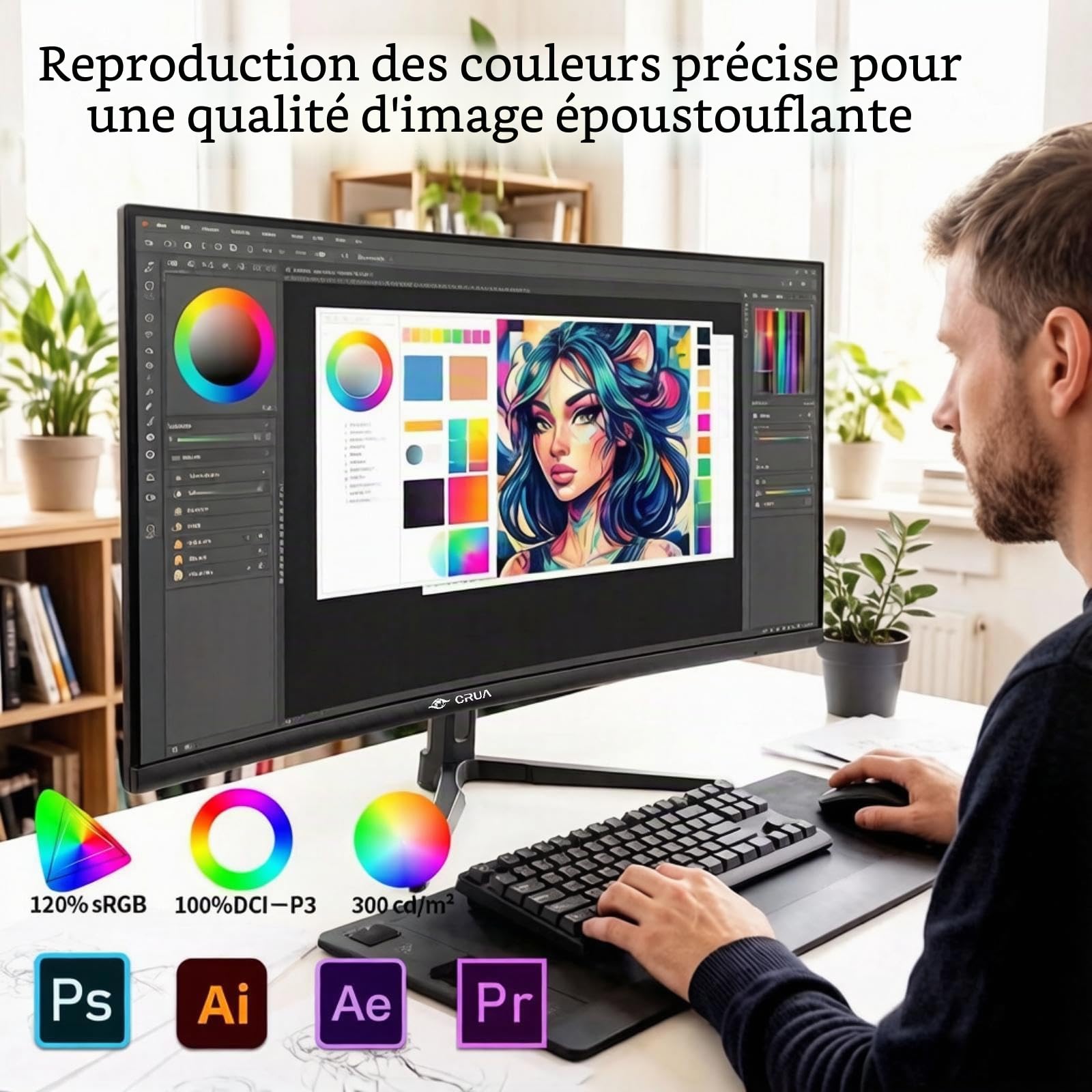 CRUA Écran PC 27 Pouces 4K UHD IPS 60 Hz, FreeSync, USB-C Écran 4K pour Bureautique et Gaming, Dalle IPS, FreeSync, USB-C, HDMI, DP, Haut-parleurs Intégrés, Montage VESA 75x75