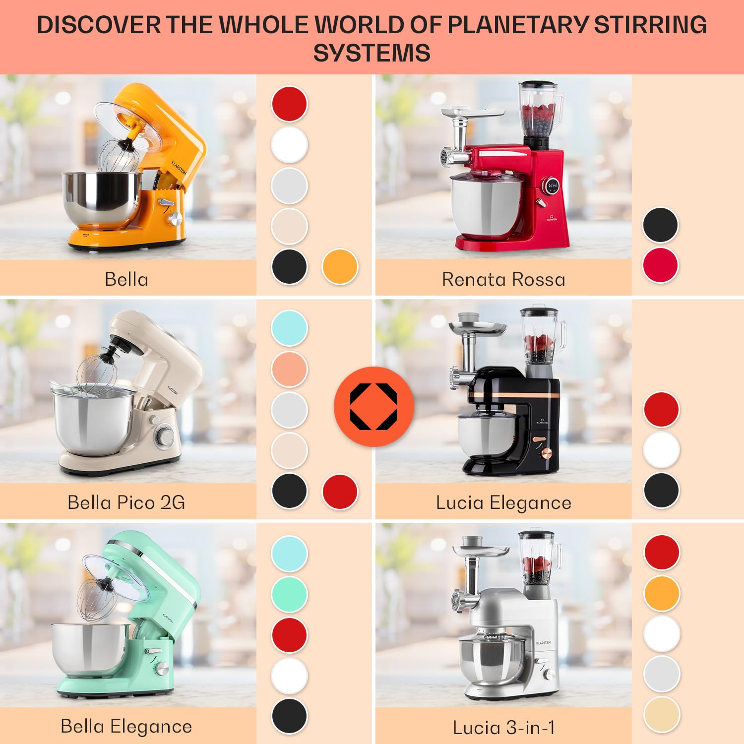 Klarstein Robot kuchenny, Maszyna do wyrabiania ciasta z misą 5L, 2000W profesjonalny robot z hakiem i trzepaczką, Uniwersalny z 6 biegami, Maszyna do mieszania, ugniatania i ubijania