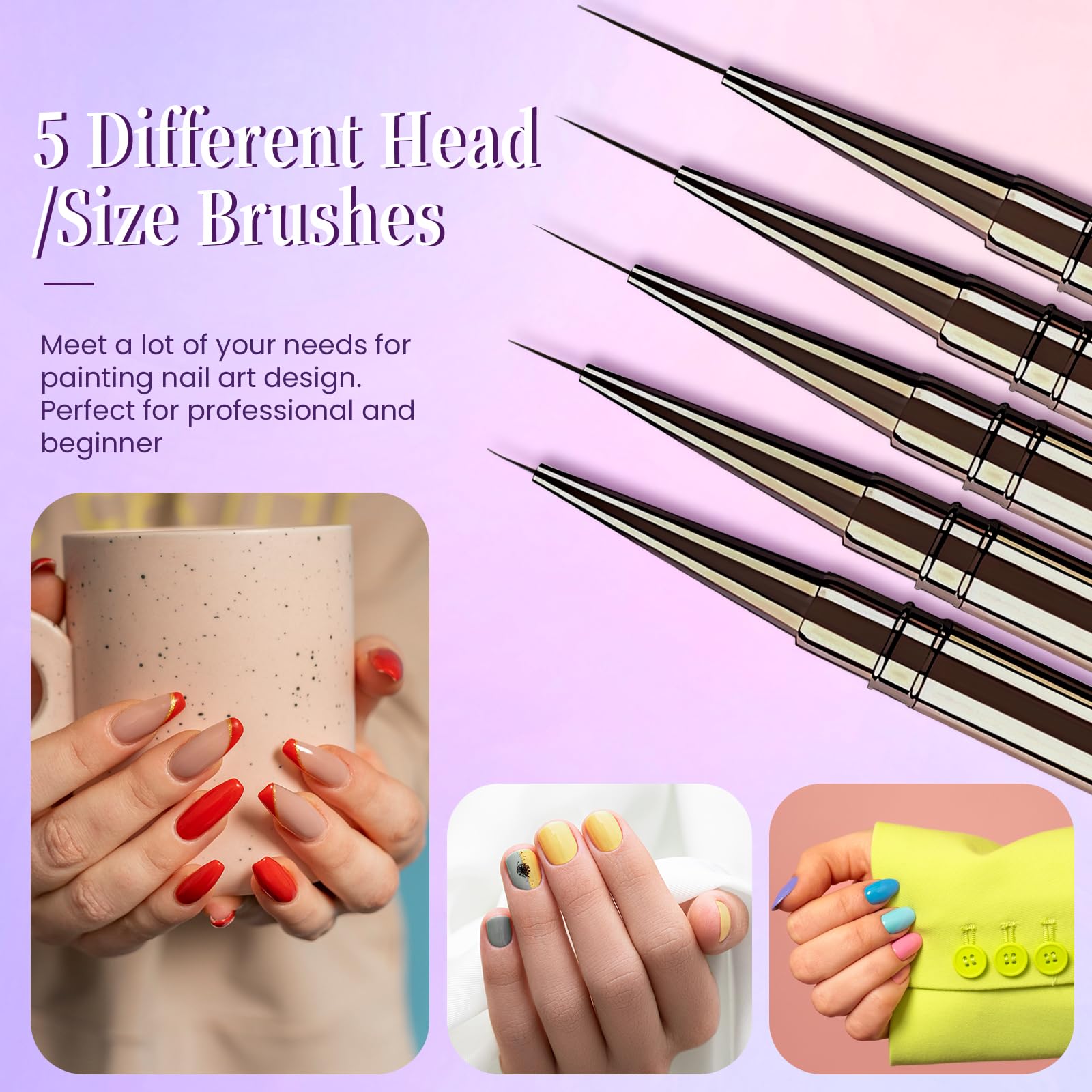 Lokaloka 6/9/12/15/18mm Pennelli Unghie Gel Sottile Nail Art Professionali con Tappo, 5 Pezzi Pennello French Penna Pennellino Set per Ricostruzione Acrigel Semipermanente