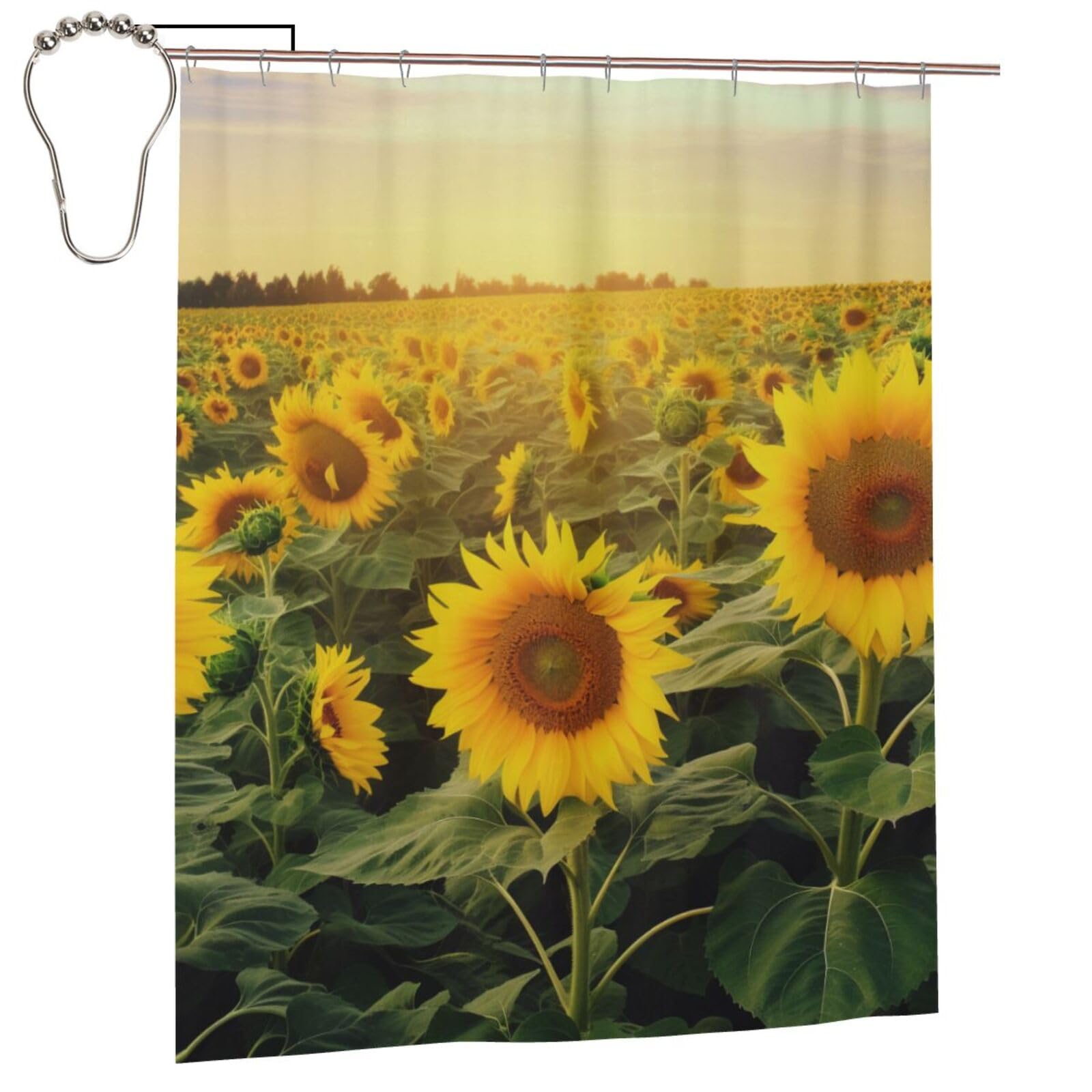 BWWHCCTI Sunflower Field Printed Shower Curtain With 12 Iron Hooks Opaque Quick Drying Waterproof Shower Curtains Sets For Bathroom 152x183 Cm