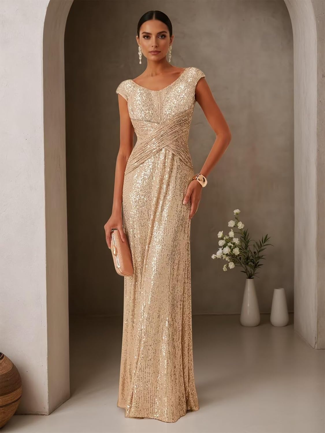 RYANTH Sparkly Sequin Mother of The Bride Dresses for Women Cap Sleeve Prom Dress Ruched Formal Evening Gowns - Image 2