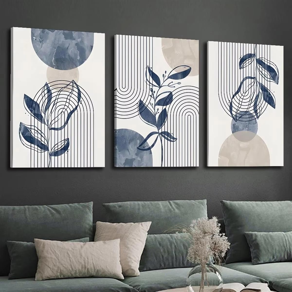 Cuadro decorativo impreso en lienzo sin marco, pintura botánica bohemia, pintura artística en verde salvia, beige y azul marino (70x100cm (28x39in) x3/Sin marco)