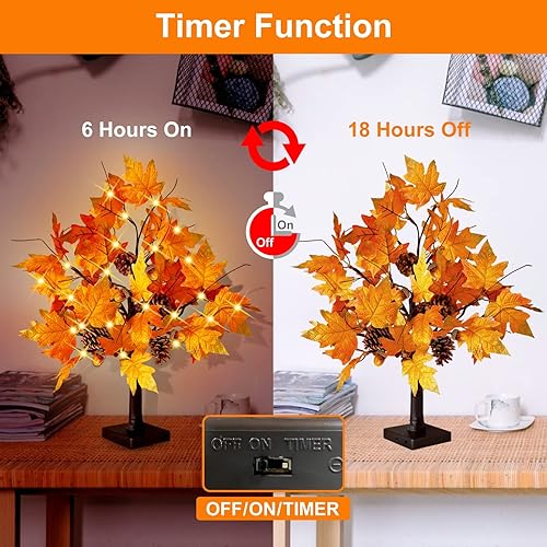 Miniatura 4 de CKE 2 piezas de árbol de arce artificial de otoño de 24 pulgadas, funciona con pilas USB con temporizador, 24 luces LED para decoración de Acción de
