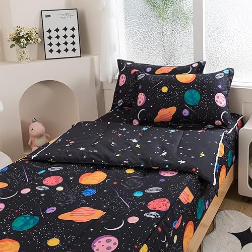 ADASMILE A & S Juego de ropa de cama con cremallera individual para niños, juego de edredón con diseño del espacio exterior, juego de edredón con