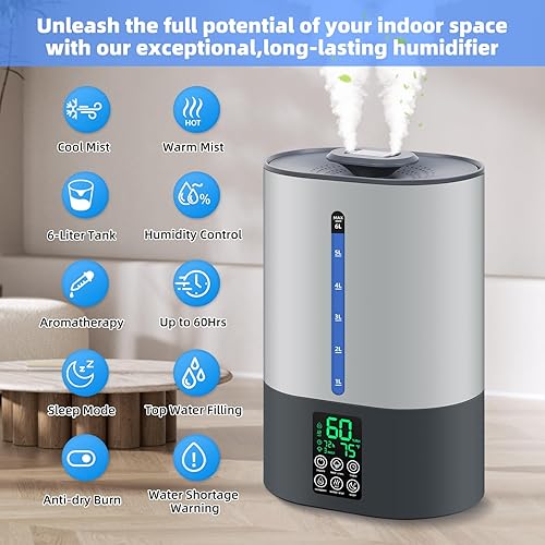 Miniatura 4 de Humidificadores de 6 L para dormitorio, habitación grande, hogar, humidificador fresco y cálido para bebés y plantas, humidificadores de escritorio