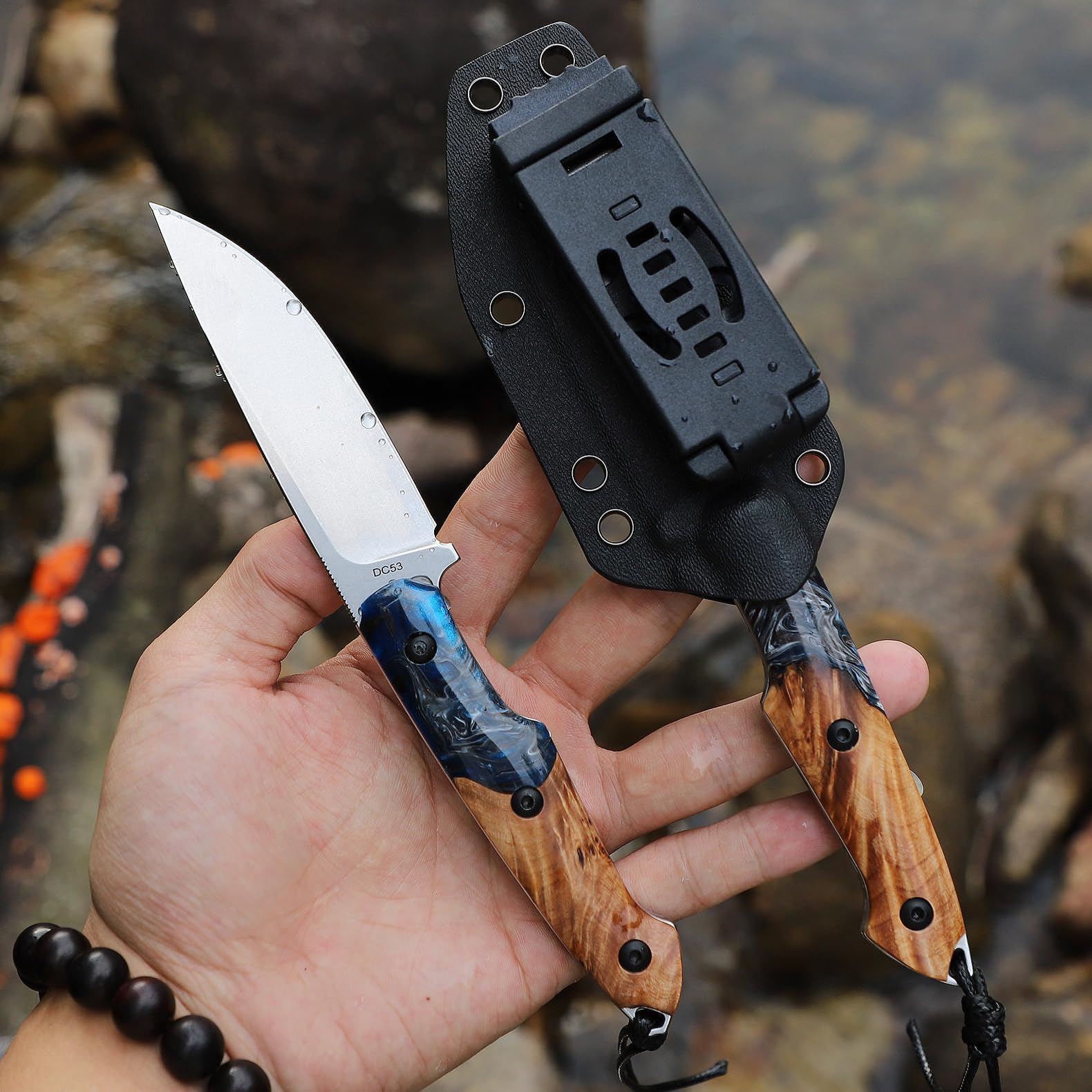 Handgefertigtes DC53-Stahlmesser mit feststehender Klinge, Outdoor-Taschenmesser für Herren, inklusive Scheide, Griff aus Kunstharz und Ahornholz, ideal für Camping und Bergsteigen.