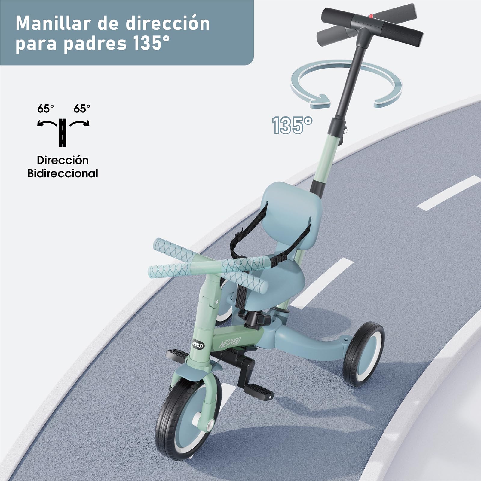 newyoo TR007 Triciclo Evolutivo 5 en 1 para Bebé 1-3 Años con Barra de Seguridad y Empuje, Regalo Infantil con Pedales y Modo Bicicleta, Verde
