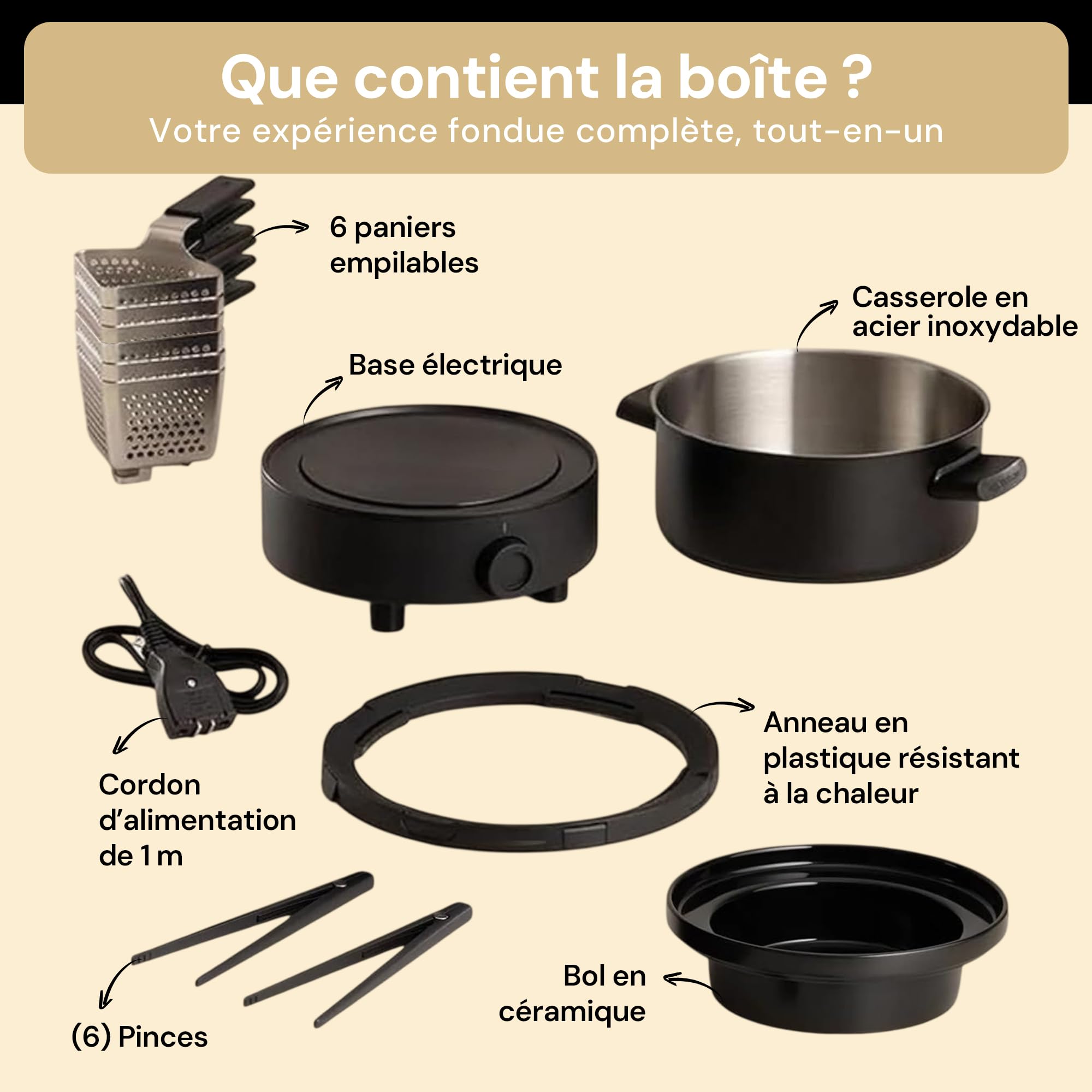 Fondussimo Appareil à Fondue Électrique Evolution 3-en-1 – Service à Fondue avec Caquelon INOX 3 L + Bol Céramique Bain-Marie – 6 Paniers & 6 Pinces – Température Réglable – 4 à 6 Personnes