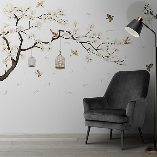 Calcomanías de pared (73.62 x 50.39 pulgadas) de rama de árbol, jaula de pájaro, luna, calcomanías de pared de flores, pájaros, ramas de árbol,