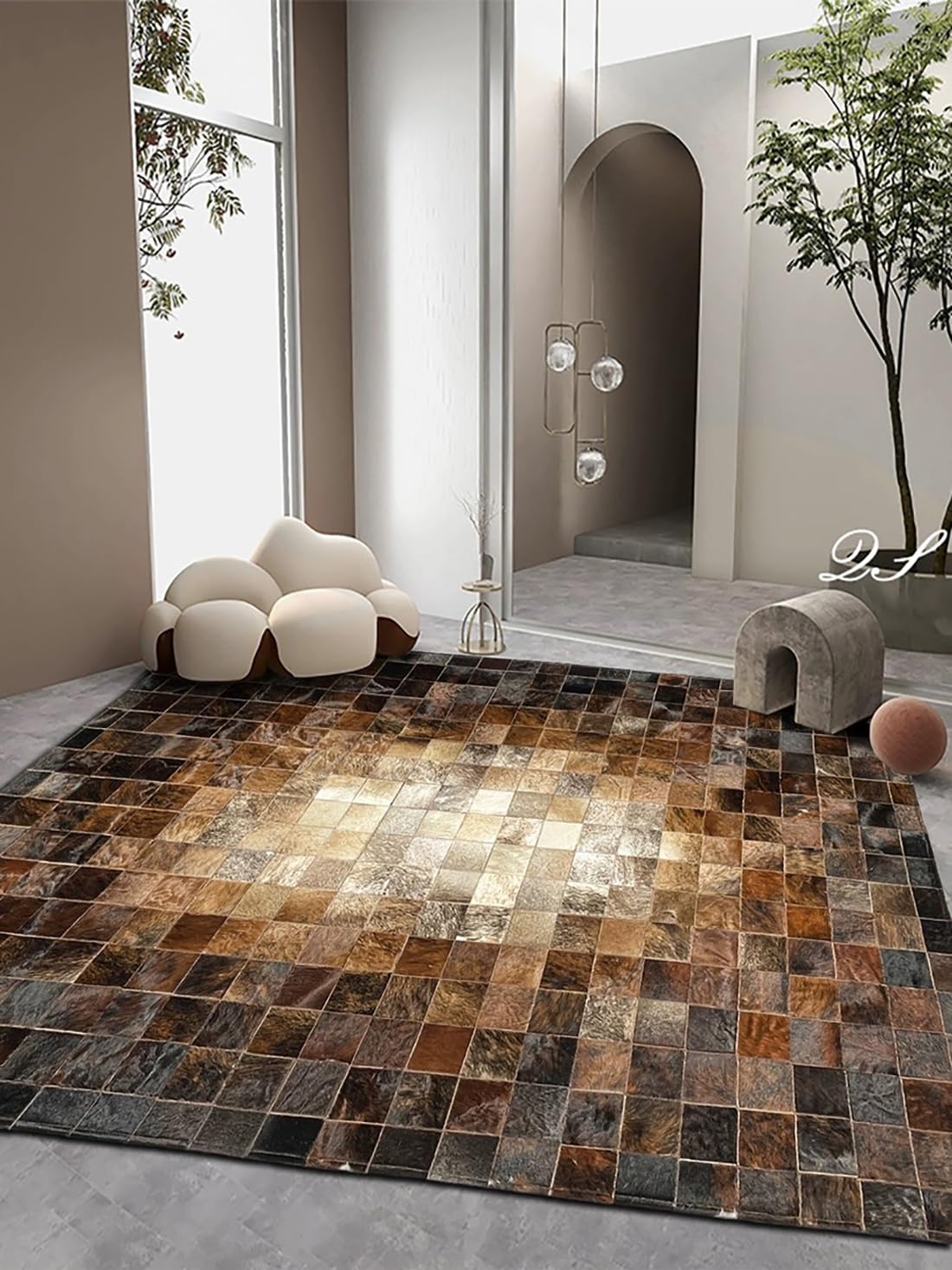 R&RENXIA Tapis en Peau de Vache Patchwork brésilien - Tapis pour Chambre, Salon, Salle à Manger, Cuisine, Bureau - 90×120cm