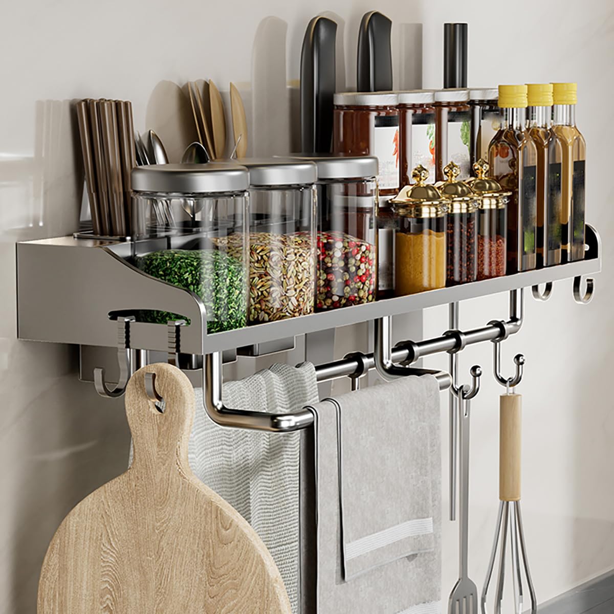 MYUYEE Spice Rack Over Stove Wall Mount, Hanging Spice Organizer Shelf With Utensil Holder Hooks, Utensil Rack For Kitchen Storage & Organization,Gray,30Cm(Grey-40Cm)