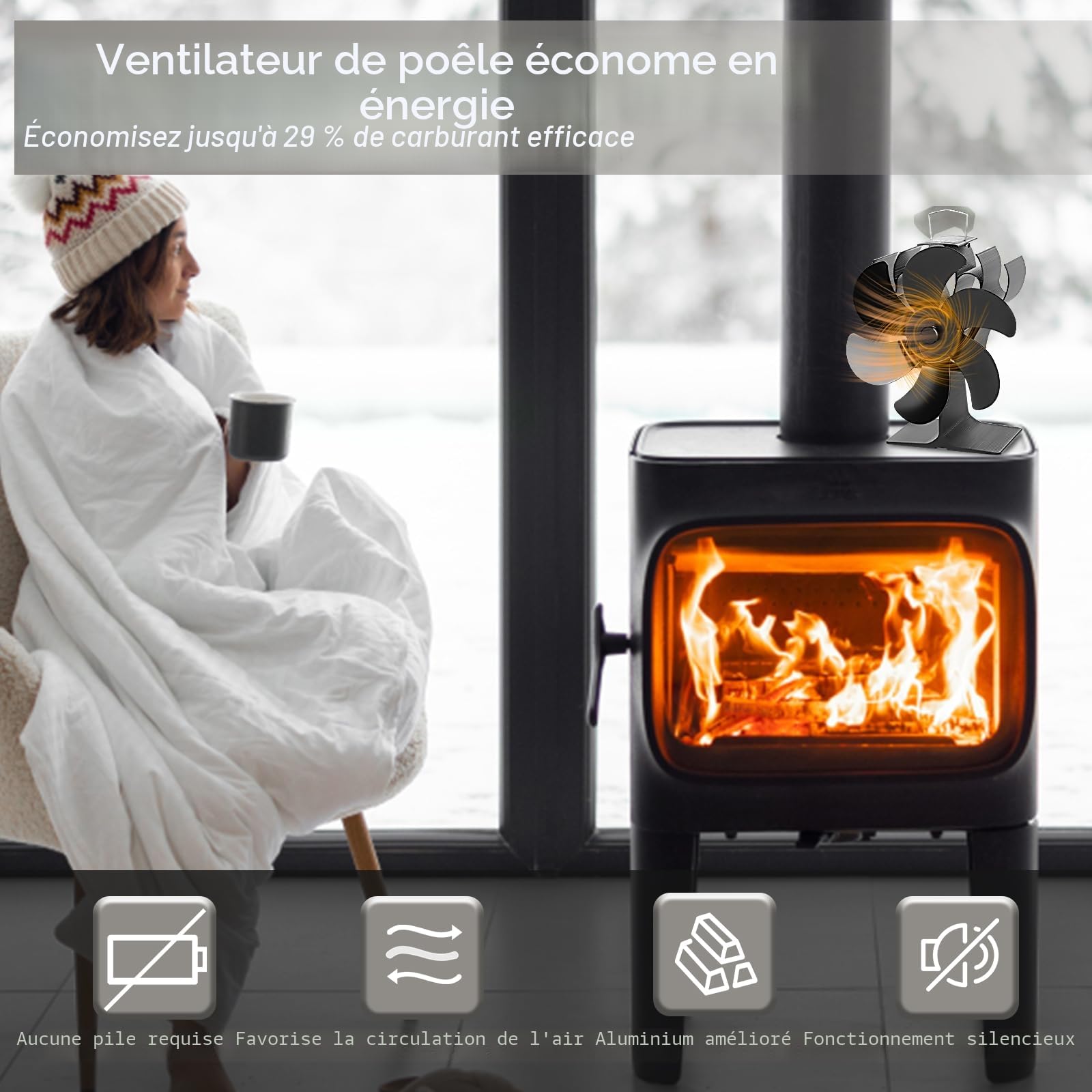 Ventilateur de cheminée à 6 pales, ventilateur de poêle avec télécommande, ventilateur à commande thermique pour poêles à bois et cheminées, fonctionnement silencieux