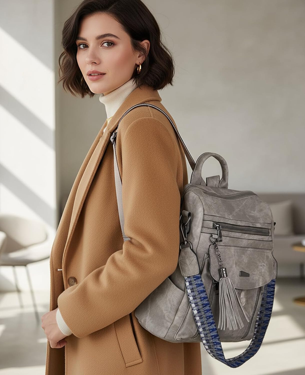 PU Leather Small Backpack for Women | Fashion Tassel Ladies Small Diaper Bag - Mini Backpack Purse Suitable for Travel, College, Customs Clearance (Gray) - Image 2