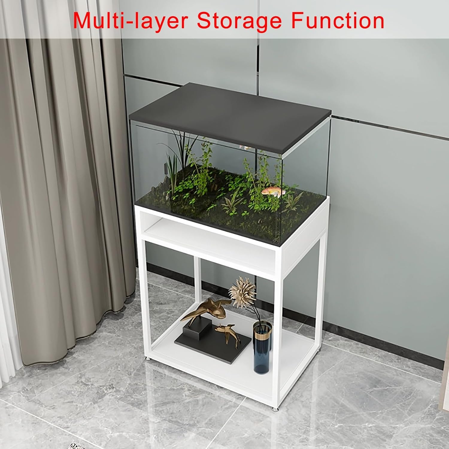 水槽台、棚付きアクアリウムスタンド、金属製爬虫類テラリウム水槽台、魚水槽および爬虫類テラリウム用、家庭およびオフィス用(Black,