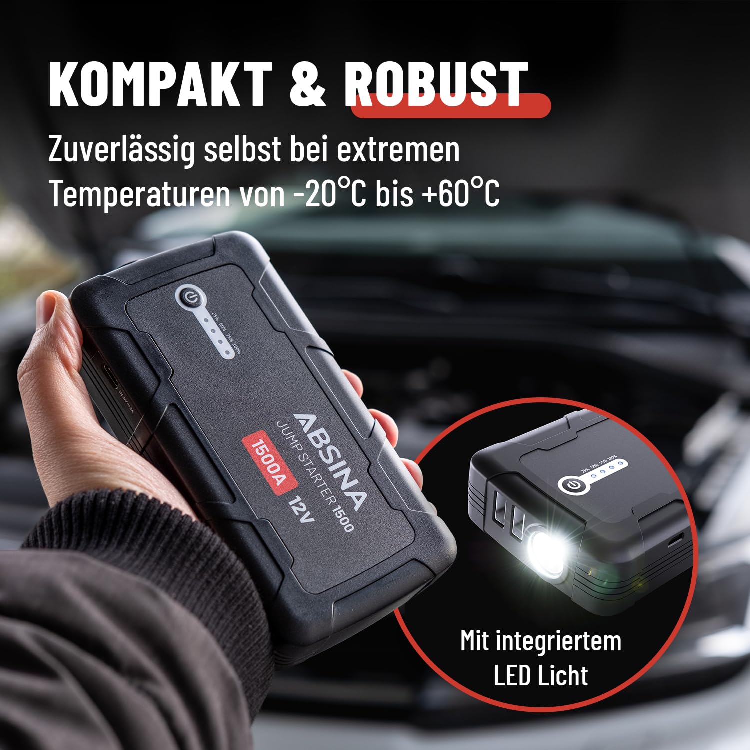 ABSINA Auto Starthilfe Powerbank 1500A - 12V Starthilfegerät geeignet für 6L Benzin & 4L Diesel - KFZ Starter Powerbank mit 2 USB Ports & Taschenlampe - Jump Starter, Auto Booster Starthilfe PKW